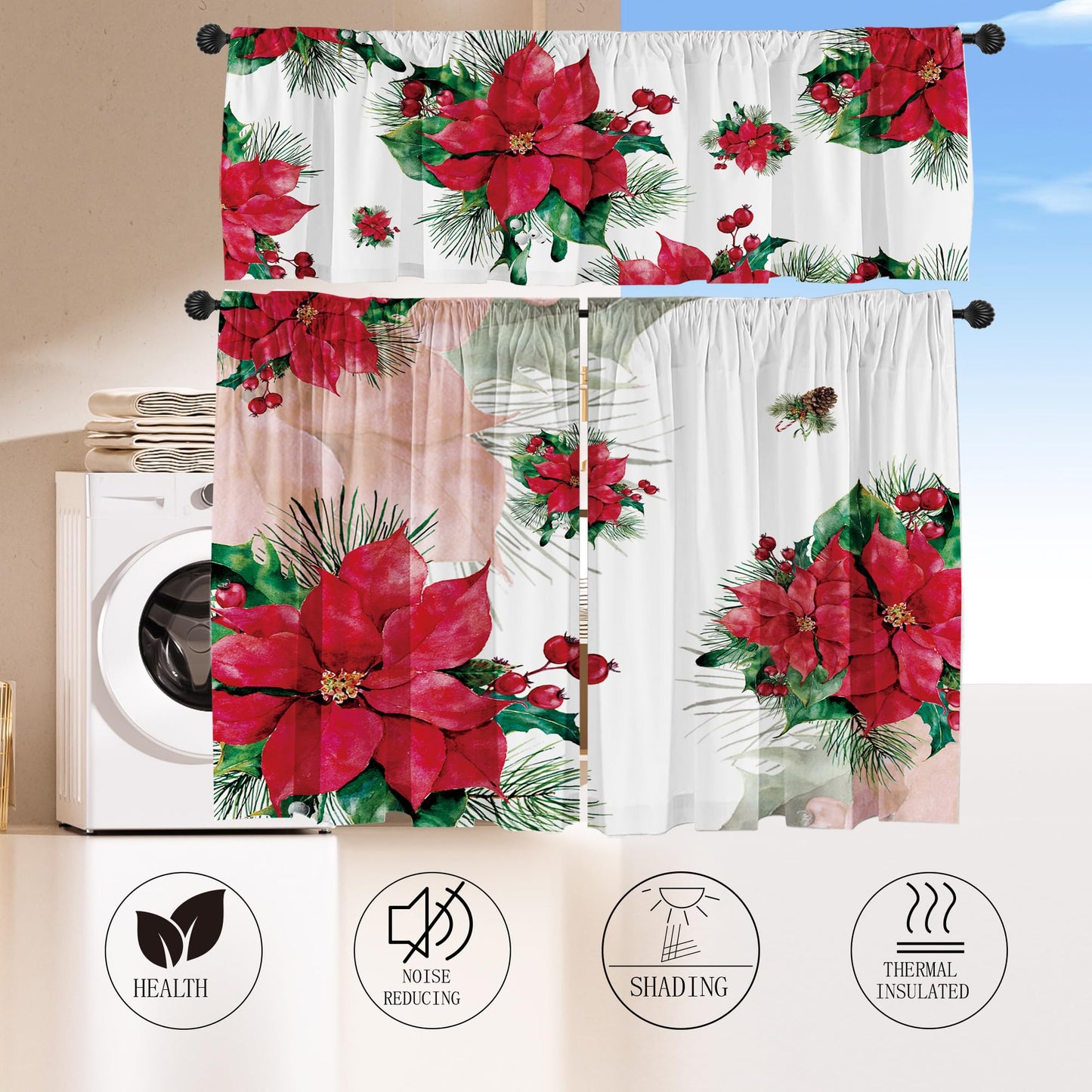 Deztibos Christmas Poinsettia Curtain Valances Set - Upper & Lower Curtains, 52'' L x 18'' W & 36'' L x 26'' W, Kitchen Windows Decor, 3 Piece Set, Red