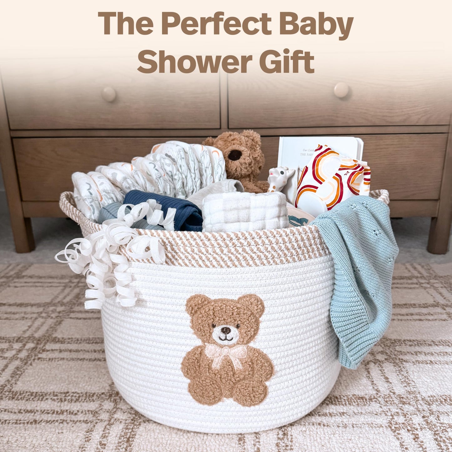 Teddy Bear Storage Basket for Nursery – Large 15"x11" Cotton Rope Bin with Soft Embroidered Bear Patch – Gender Neutral Toy Organizer, Baby Laundry Hamper, Blanket & Diaper Holder