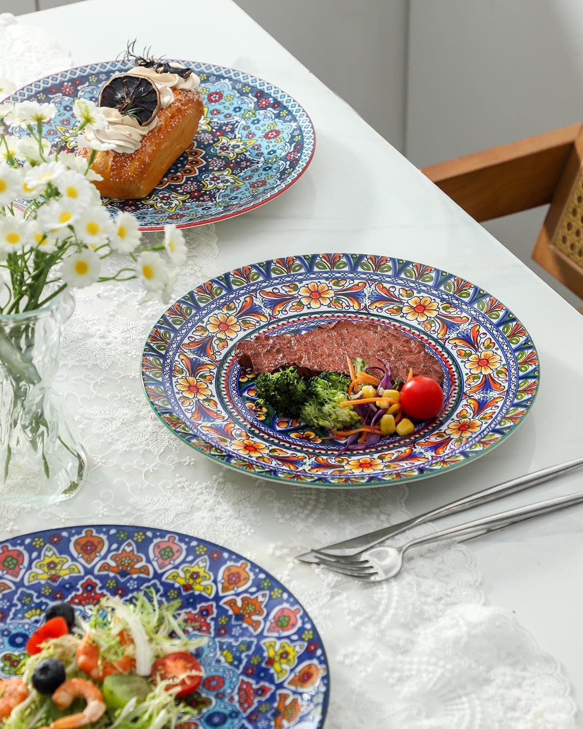 HASENSE Dinner Plate Set of 4, 10.5 Inch Porcelain Plates for Kitchen, Large Salad Plates for Steak, Dishes Set for Restaurant, Microwave, Oven & Dishwasher Safe for Christmas Gift, Bohemian