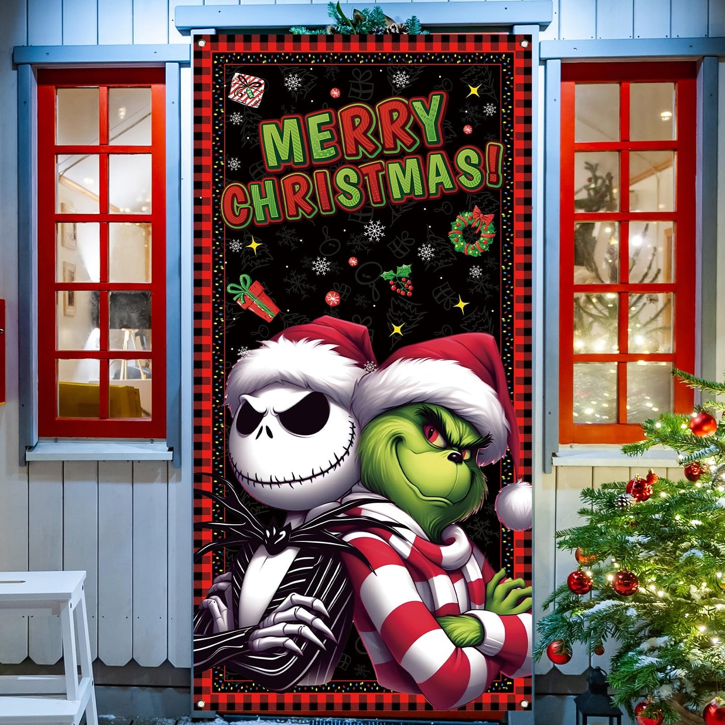 Merry Christmas Door Cover Christmas Photo Backdrop Xmas Winter Holiday Party Decorations and Supplies for Home-71×35''