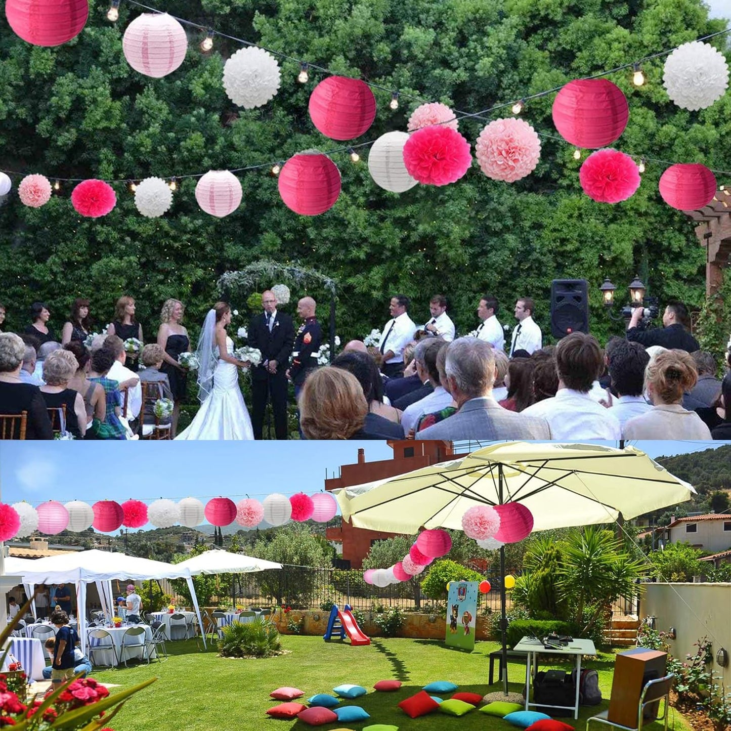 Celehappy Pink Paper Lanterns - Party Decorations Tissue Pom Poms for Weddings Birthdays - 18pcs Hanging Lanterns - Pink/White/Rose
