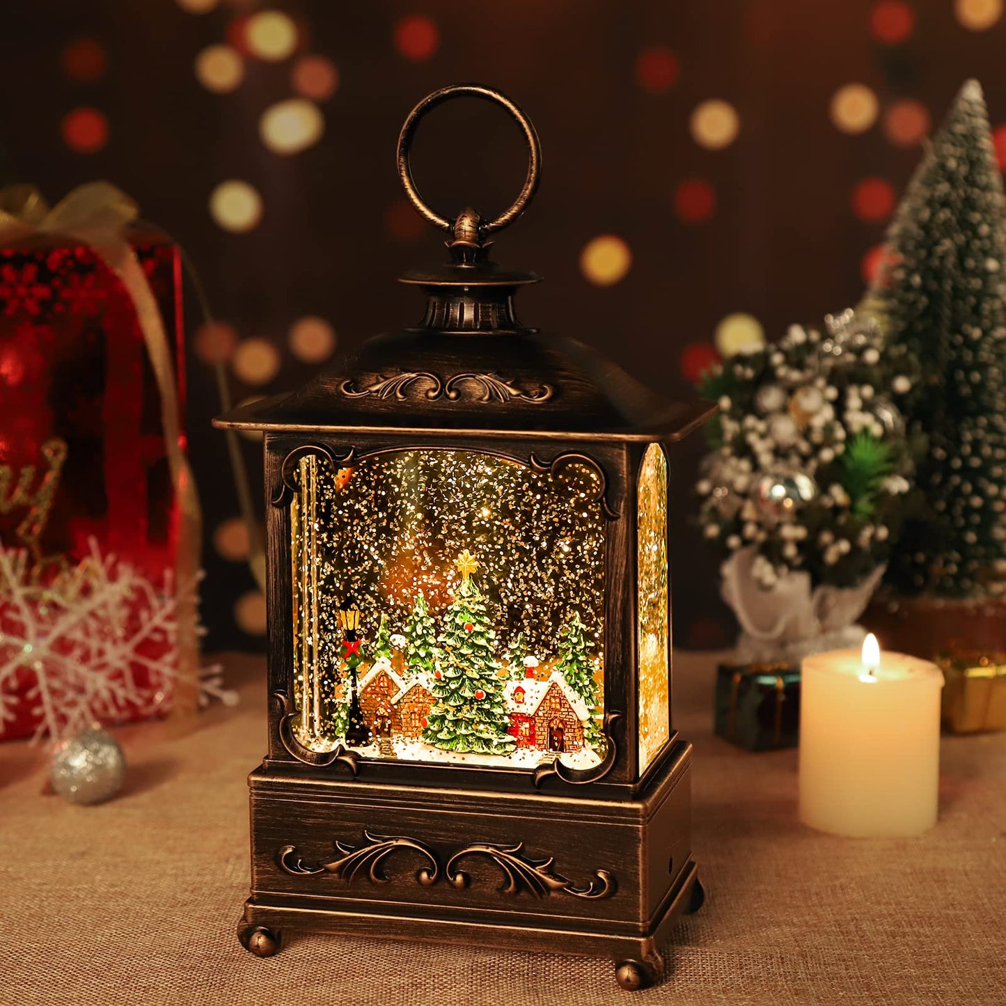 Christmas Village Snow Globe Lantern,Christmas Decorations Indoor Water Lantern Swirling Glittering with Music & Timer, USB/Battery Operated Lighted Lanterns for Home Decor Gifts (Forest House)