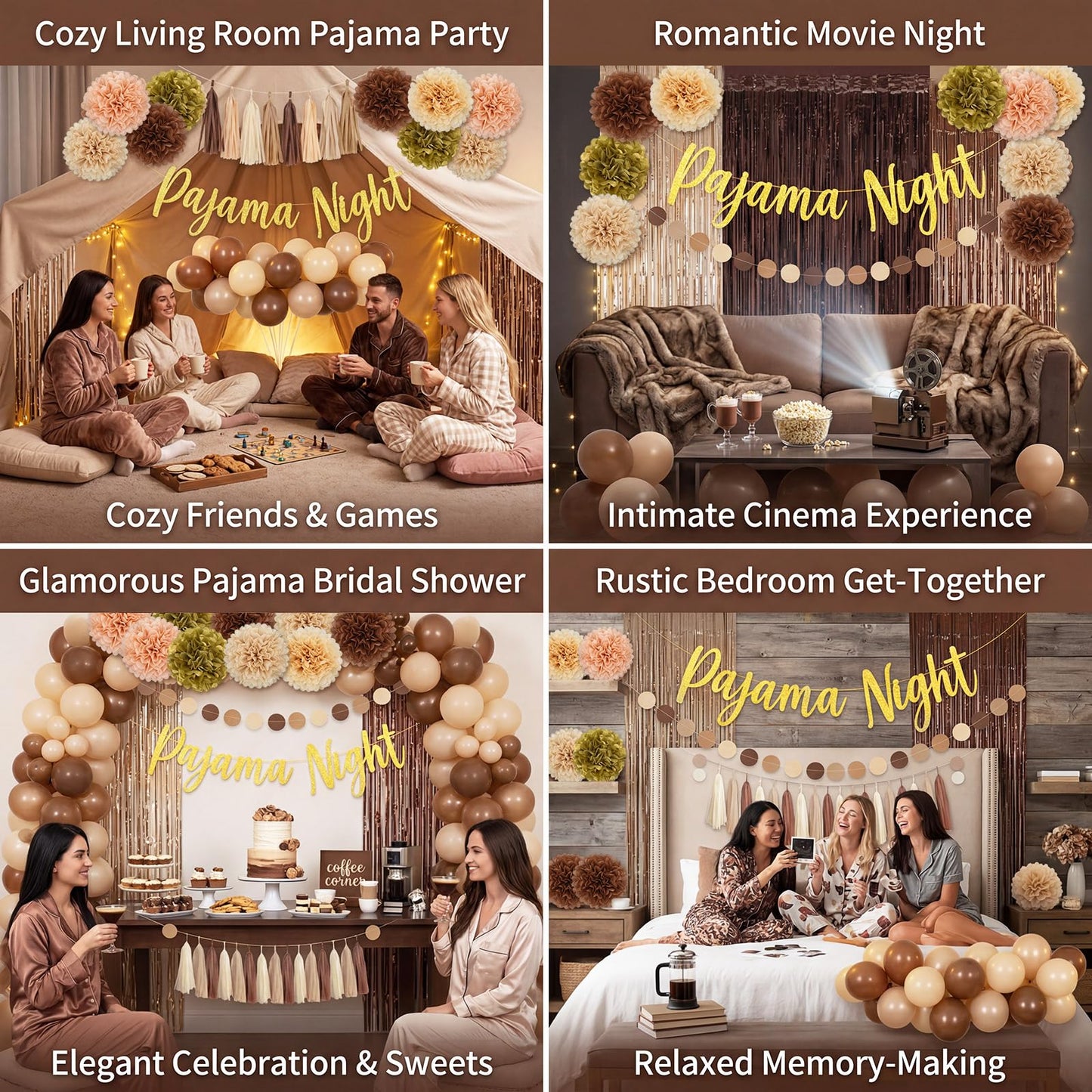 Riceshoot 41 Pcs Brown and Beige Pajama Night Party Decoration Kit Include Pajama Night Banner Paper Pom Poms Tassel Garland Circle Dot Banner Balloons for Gathering Brown Party Decoration Supplies