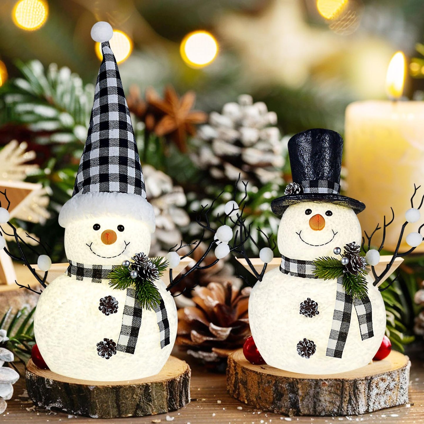 MWDJPXY 2 Pack Black and White Christmas Decor, 14" Lighted Snowmen Tree Buffalo Check Plaid Farmhouse Decorations, Table Centerpieces Rustic Gifts Tiered Tray Decor with for Christmas Party