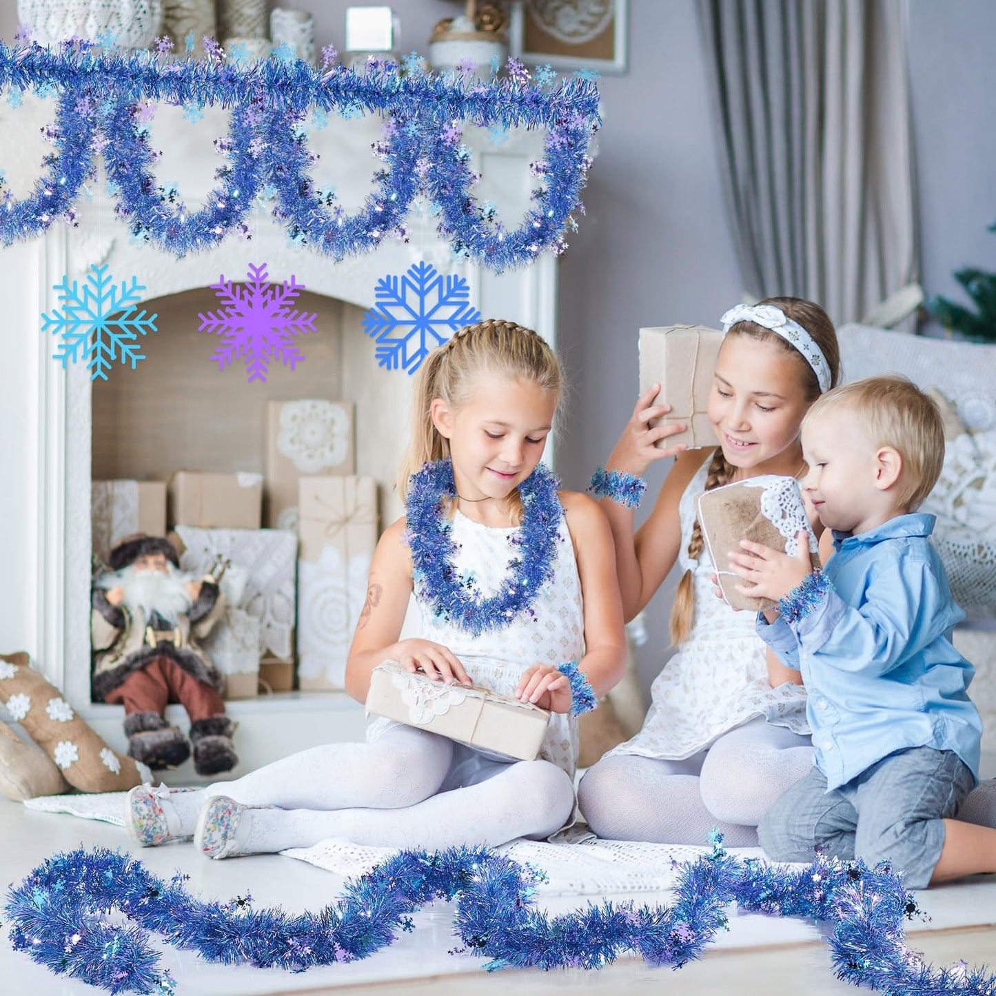 Blosssound 26 Feet Blue Purple Snowflakes Tinsel Garland Glitter Metallic Tinsel Twist Banner Shiny Iridescent Garland for Indoor Outdoor Ceiling Wall Christmas Tree Birthday Party Decorations