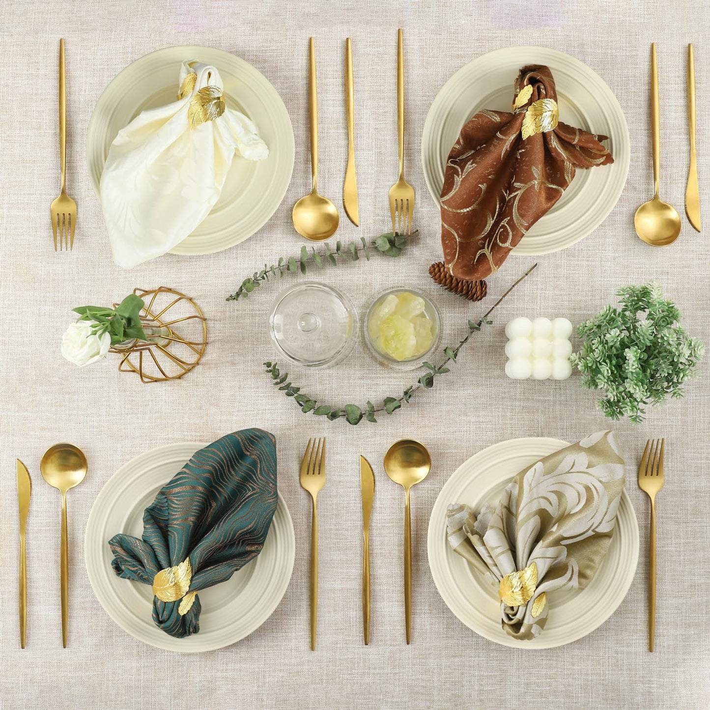 MONKKINO Napkin Rings Set of 12, Shiny Gold Napkin Rings, Smooth, Easy Care, Solid Metal Laurel Leaf Shaped Elegant Table Decor, Stylish Napkin Ring Bulk for Holidays Wedding, Party, New Homes Gift