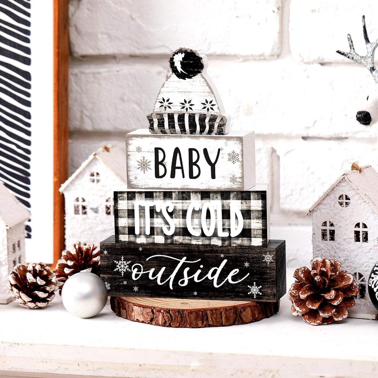 Marsui 4 Pcs Winter Wooden Tabletop Decor Wooden Hat Block Sign Rustic Tiered Tray Decor Baby Its Cold Outside Table Centerpiece Cozy Neutral Winter Decoration for Home Office Desk Shelf