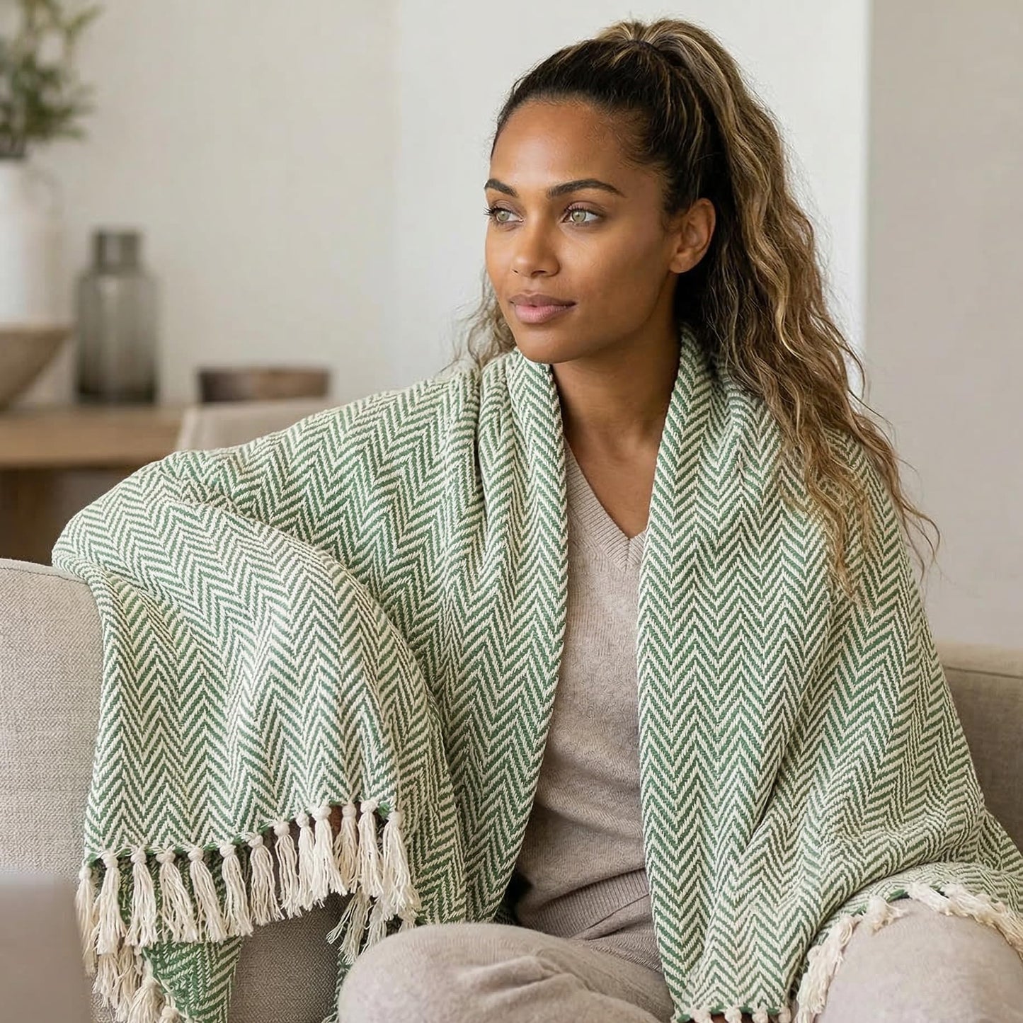 Americanflat 50x60 Throw Blanket - Soft and Breathable Cotton Throw Blanket for Couch, Bed, Chair - Decorative Blankets Perfect for Home, Office, or Outdoor Use - Sage and Beige Herringbone Design