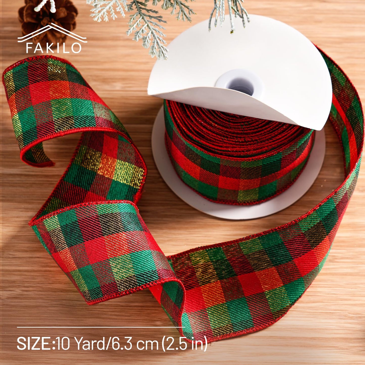 FAKILO Christmas Wired Ribbon 2-1/2 inch x 10 Yards Gold Red and Green Gingham Buffalo Plaid Tartan Christmas Ribbon for Tree Wreath Decor Gift Wrapping Topper Bow Making