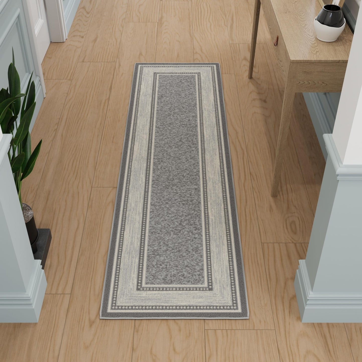 Ottomanson Runner Rug 1'10" x 7' – Non Slip Rubber Backed Kitchen Rug for Sink Area, Hallway Carpet Runner, Low Pile Indoor Runner Rug for Laundry Room and Entryway, Border Light Gray