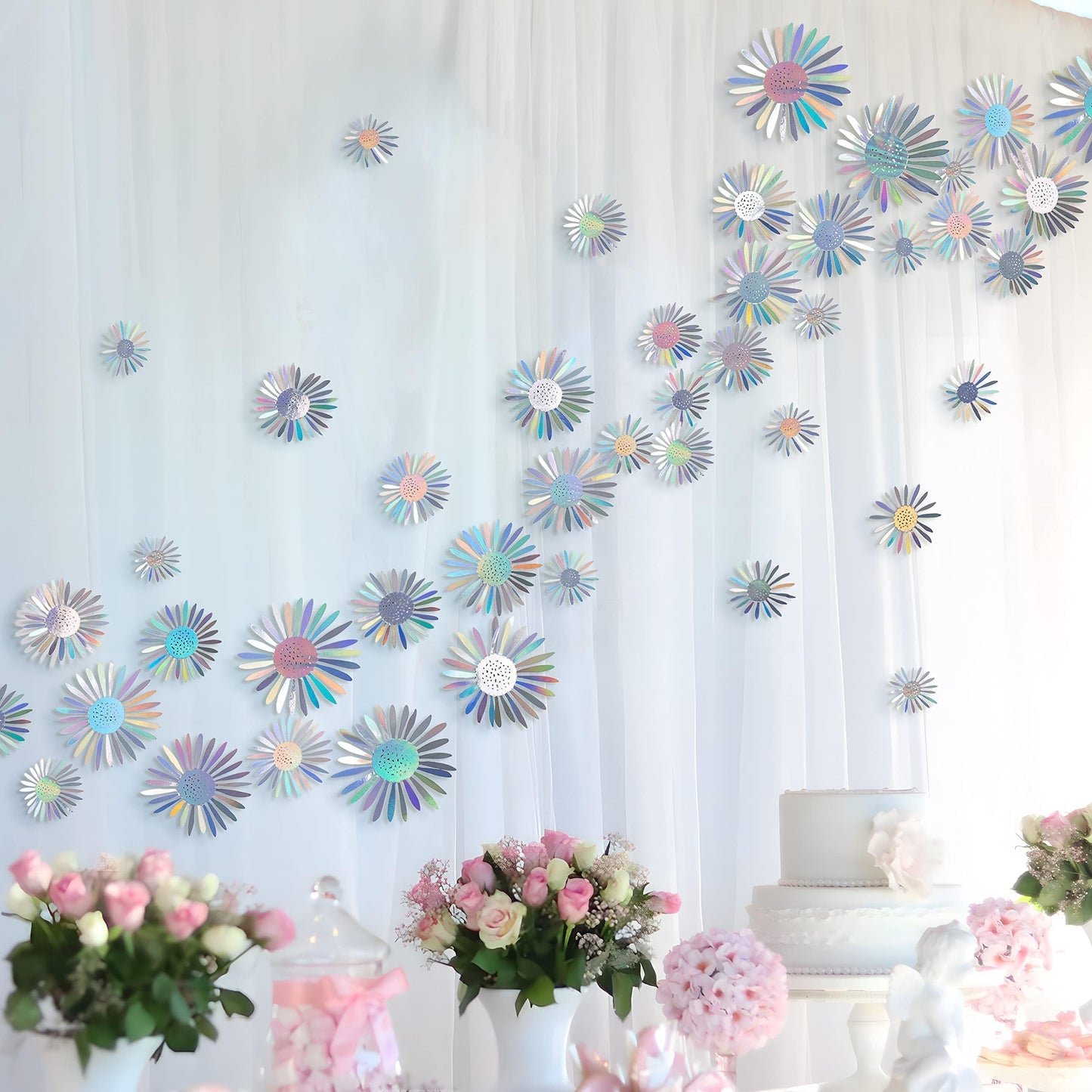 Cheerland Iridescent Wall Decals Peel and Stick Floral Wall Decor Stickers 3D Flower Wall Decal Holographic Iridescent Party Decorations Teal Mandala 3D Flowers Sticker Door Decoration Bedroom Murals