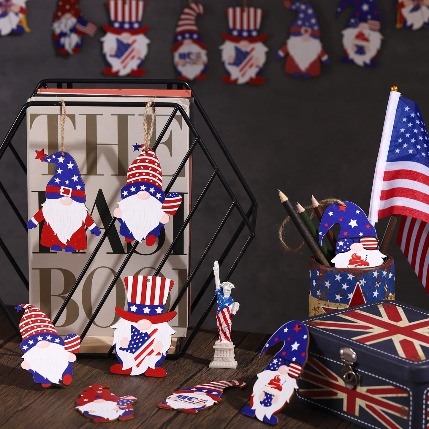 Capoda 4th of July Gnome Ornaments Independence Day Hanging Decorations Patriotic Tree Decor Wooden Red White and Blue Wooden Gnome Hanging Decoration for Independence Memorial Day Party(24 Pieces)