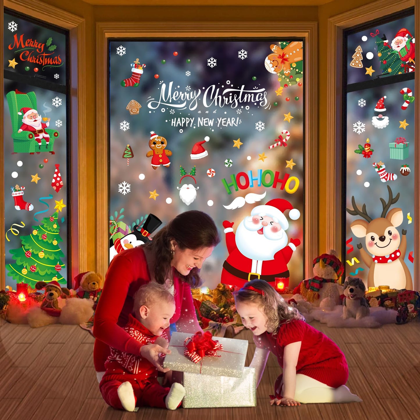 Christmas Window Clings, Christmas Window Decorations Santa Snowman Reindeer Xmas Snowflake Merry Christmas Window Clings, Double-Side Window Stickers for Party Xmas Decorations Home School (9 Sheets)