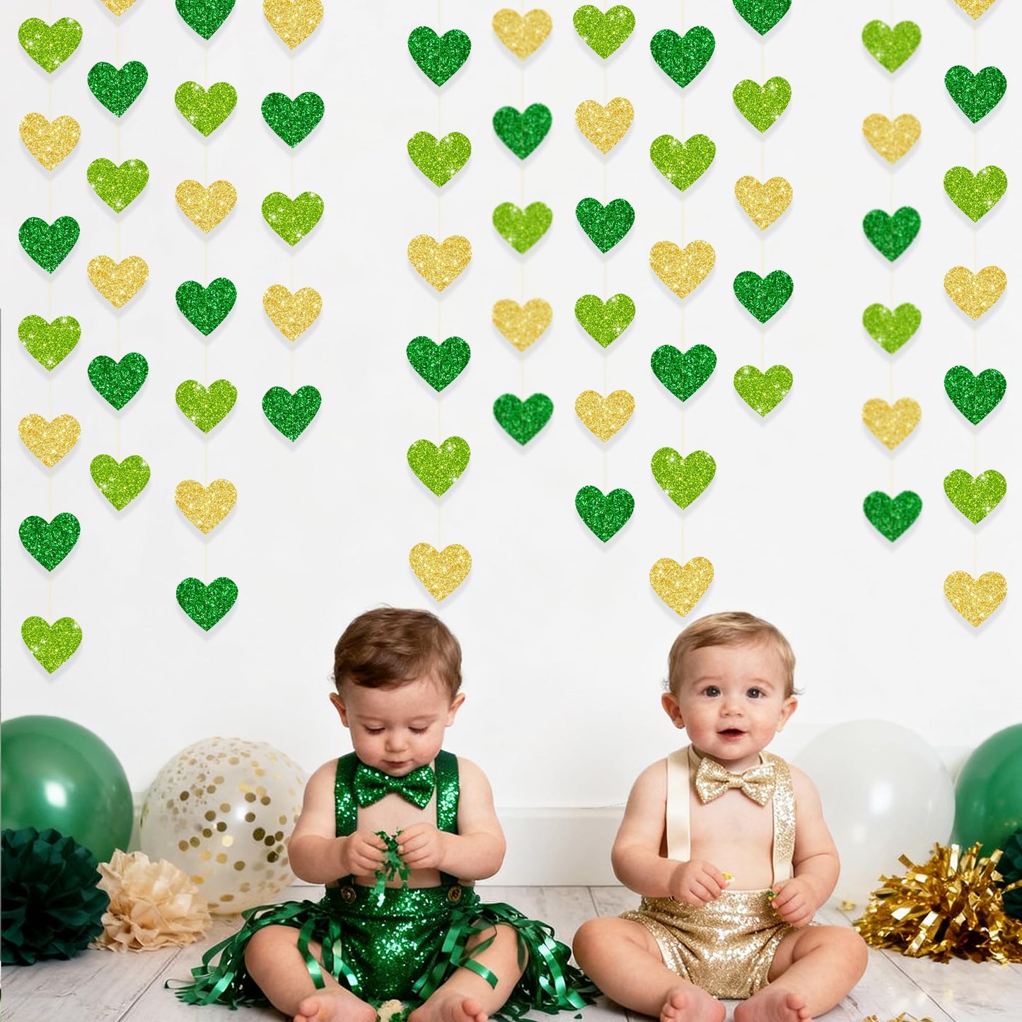 Gold and Green Heart Party Decorations Glitter Paper Love Heart Hanging Banner Streamer Garland for Birthday Wedding Valentines Day Spring Master Golf St Patrick's Day Christmas Holiday Party Supplies