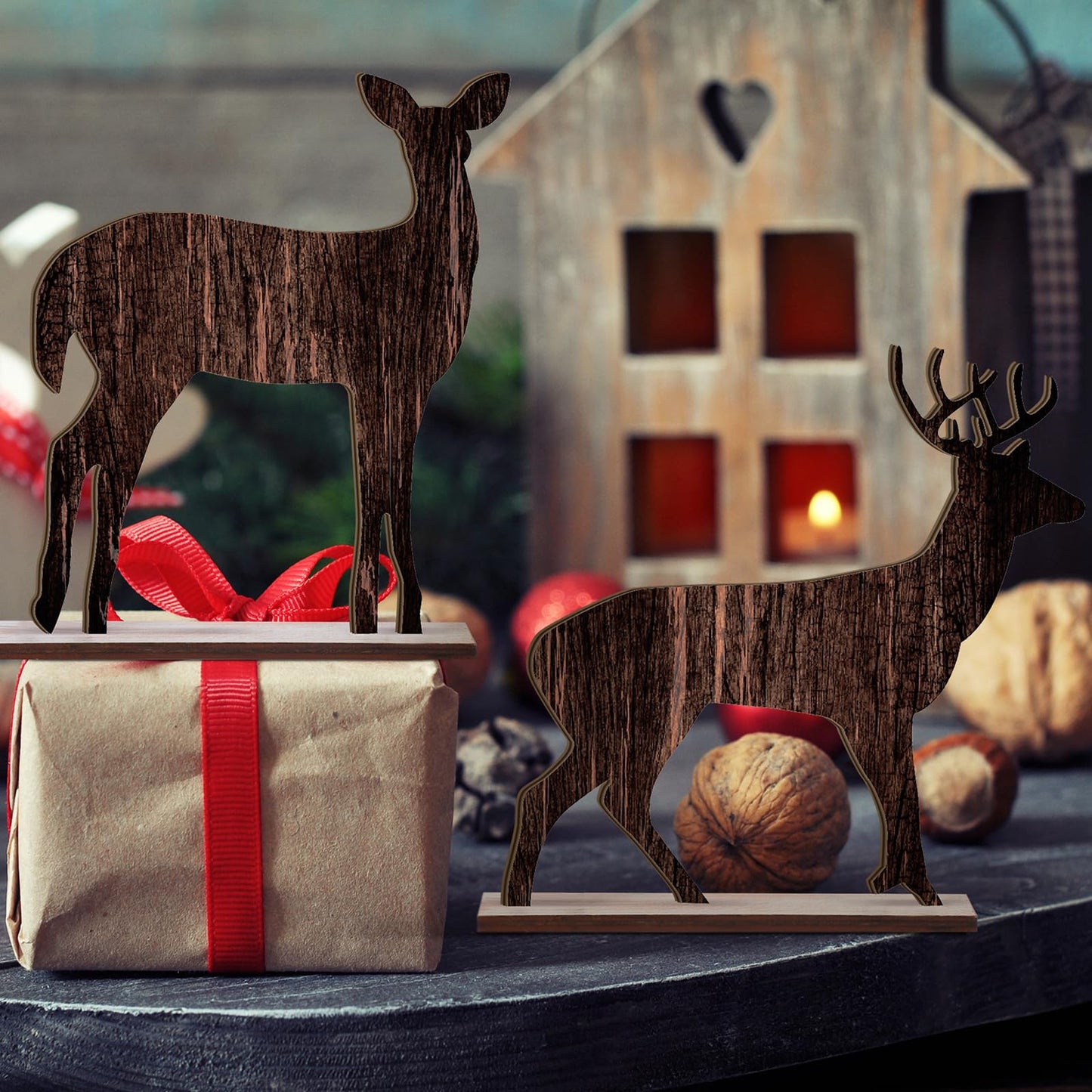 Barydat Winter Table Decorations Wooden Pine Tree Reindeer Table Centerpiece Winter Tabletop Signs Rustic Farmhouse Decor for Home Office Desk Party Favors(4 Pcs,Reindeer)