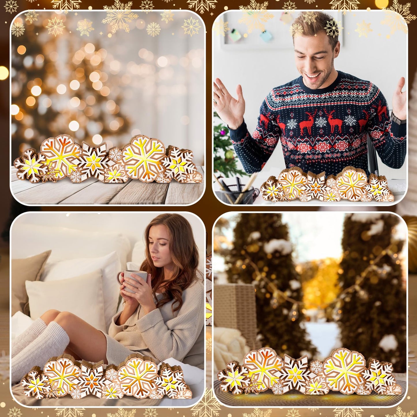 Glooglitter Winter Snowflake Wooden Tabletop Decoration Winter Sign LED Snowflake Centerpiece Wood Plaque Free Standing Wood Sign for Xmas Table Party 13.8 x 3.5 Inch