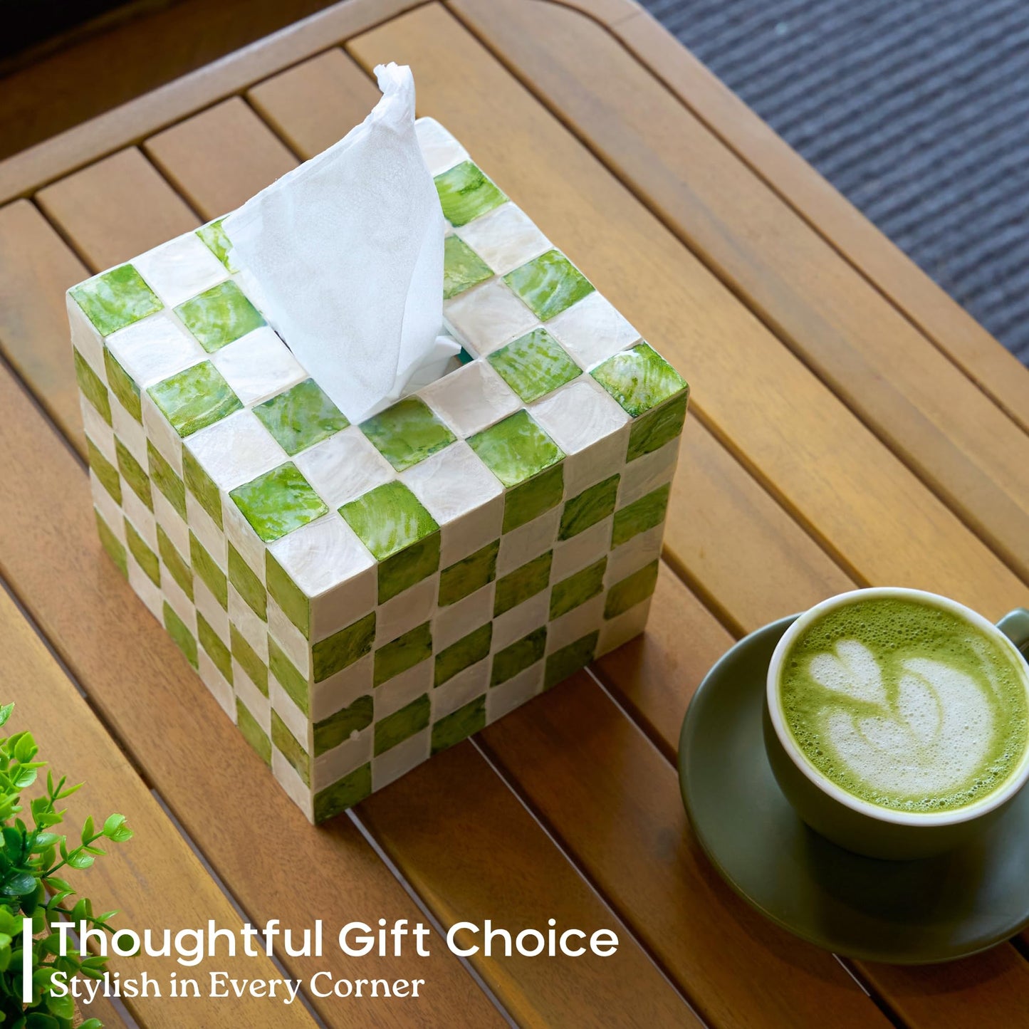 CHI AN HOME 5.7" Square Tissue Box Cover, Handmade Checkered Cube Tissue Box Cover with Capiz Shells, Decorative Tissue Holder for Living Room, Bathroom, Bedroom or Office (Pistachio Green)