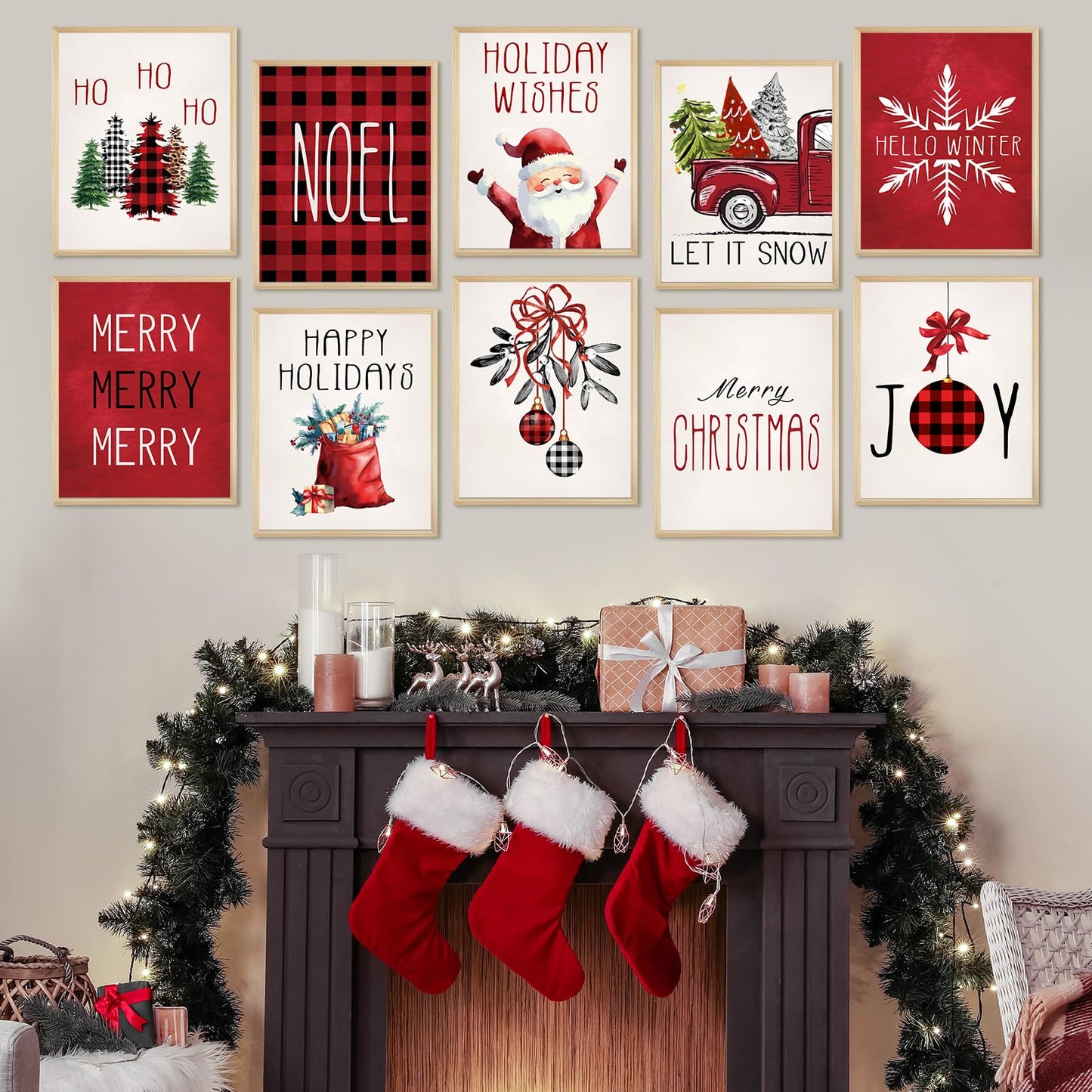 Justforjoyful 12Pcs Christmas Wall Art Prints Classic Merry Christmas Posters for Wall Decoration Xmas Holiday Wall Art Posters Red Winter Room Decor for Living Room Bedroom Office 8X10inch Unframed