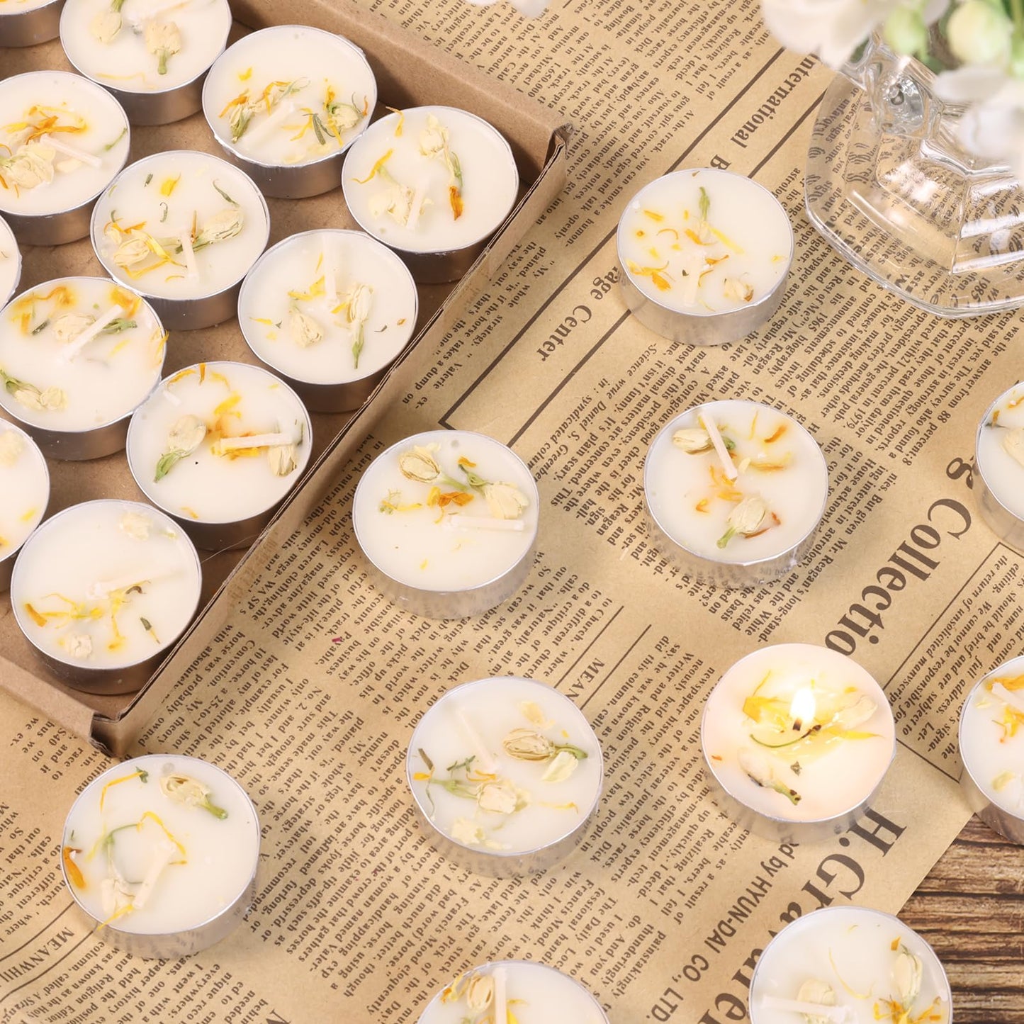 Jasmine Scented Tealight Candles 16 Pack - 4-Hour Palm Wax White Tea Lights, Plant Dried Flower Scented Tea Candle (Paraffin-Free), Votive Candles for Home/Yoga/Bath/Meditation