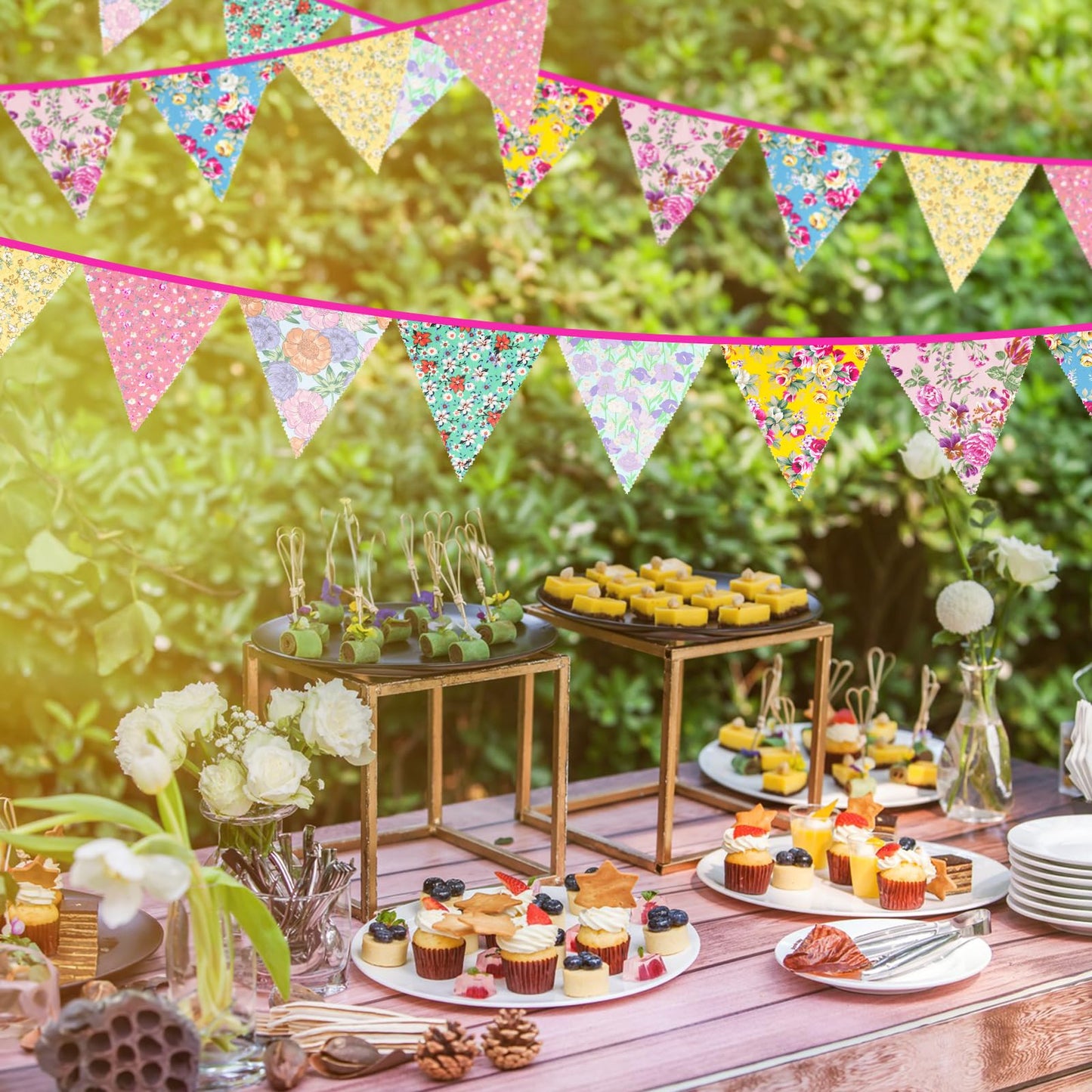 jijAcraft 39Ft Triangle Bunting Banner, 42Pcs Tea Floral Party Bunting Cotton Fabric Flags Pennant Garlands for Birthday Party, Wedding, Baby Shower, Outdoor and Home Decorations (Blue)