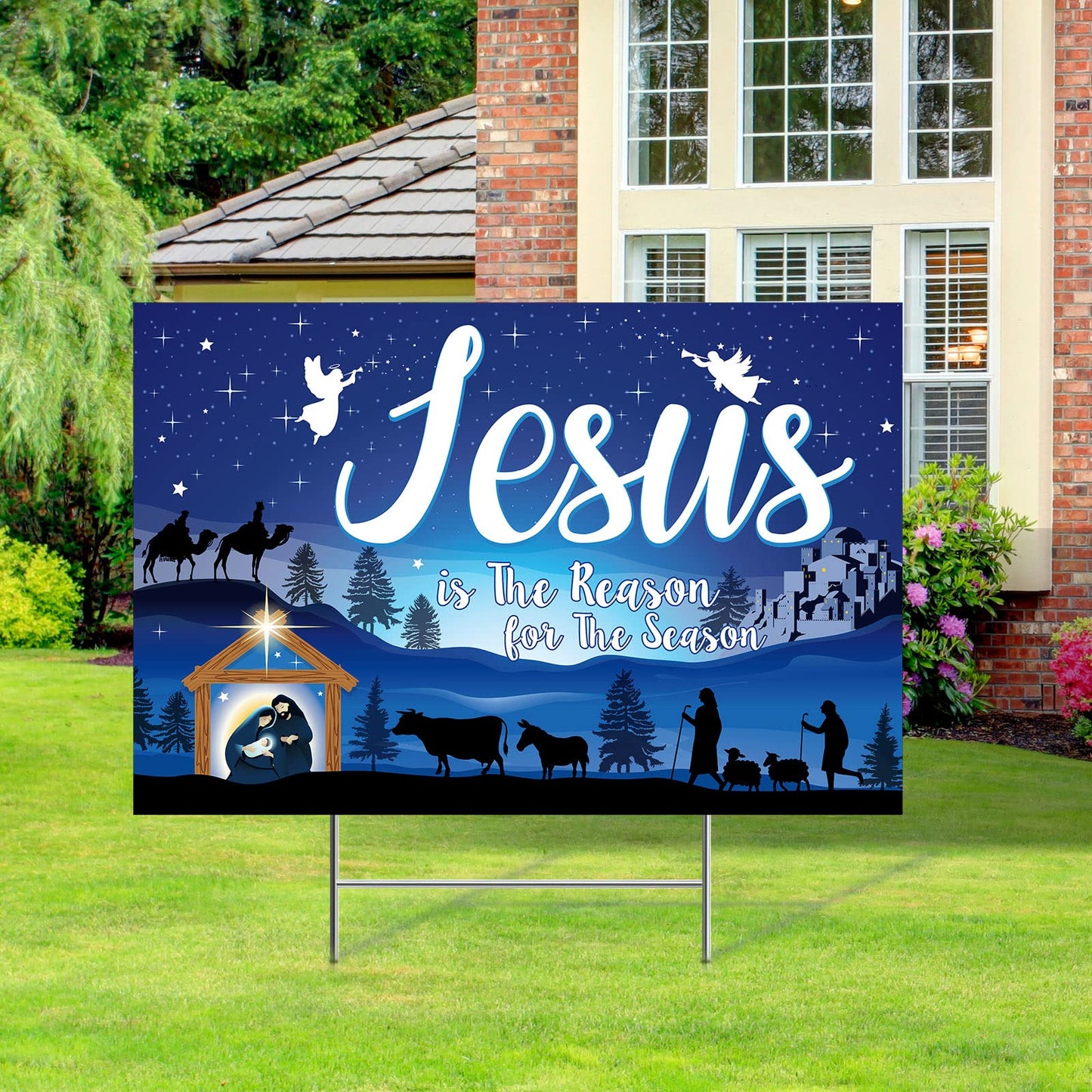 Capoda 24inch Christmas Holy Nativity Yard Sign with Stakes Jesus Is the Reason for Season Lawn Sign Manger Religious Xmas Yard Decorations Outdoor for Religious Xmas Outdoor Party Decor(Blue)