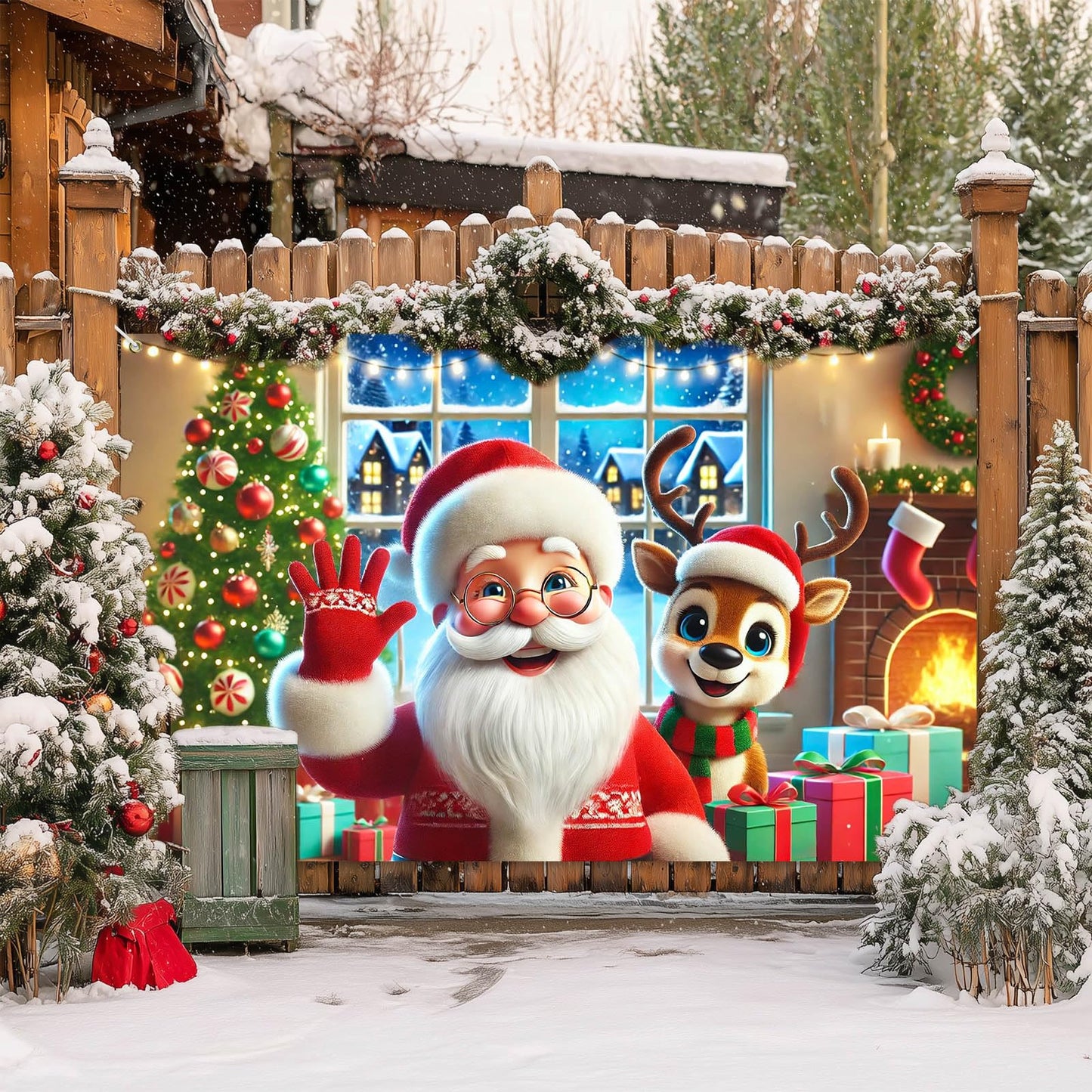 BlissYard Christmas Holiday Backdrop Santa Claus Reindeer Gifts Fireplace 71x43 Inch Photography Background Banner for Winter Party Decorations Cozy Event Home Decor Large Photo Booth Prop