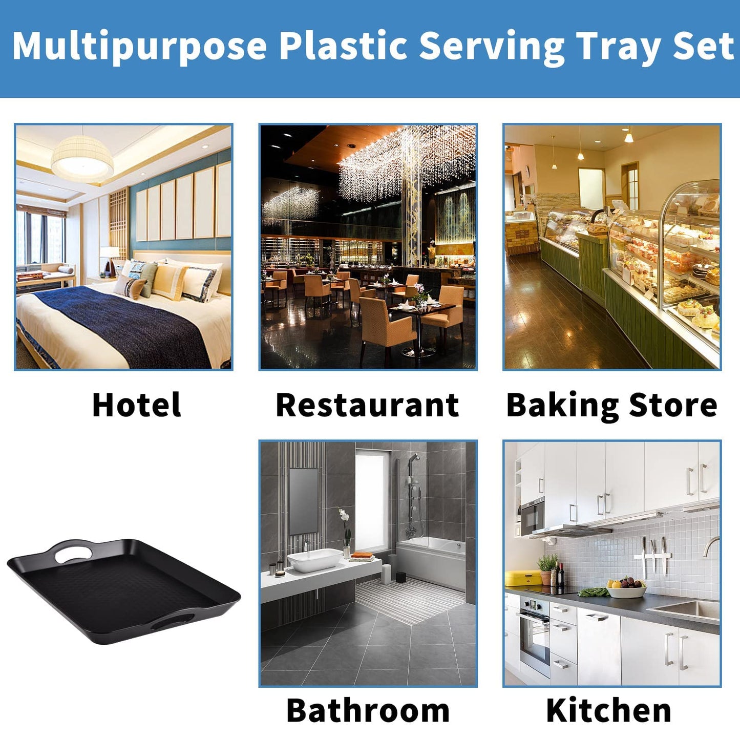 KPROE Plastic Tray with Handles, 2 Pack Multi-Purpose Rectangular Non Slip Restaurant Serving Trays Set for Parties, Coffee Table, Kitchen(9.5x14.6 inch)