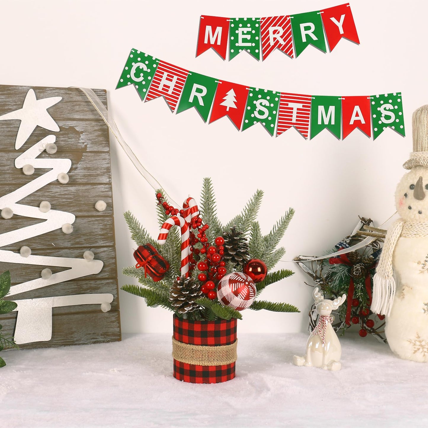 Super Holiday Small Winter Buffalo Check Plaid Christmas Tree, Artificial Mini Tabletop Christmas Tree Decorations with Xmas Ornaments, for Home Party Thankgivings Decor, Red/Black-Indoor