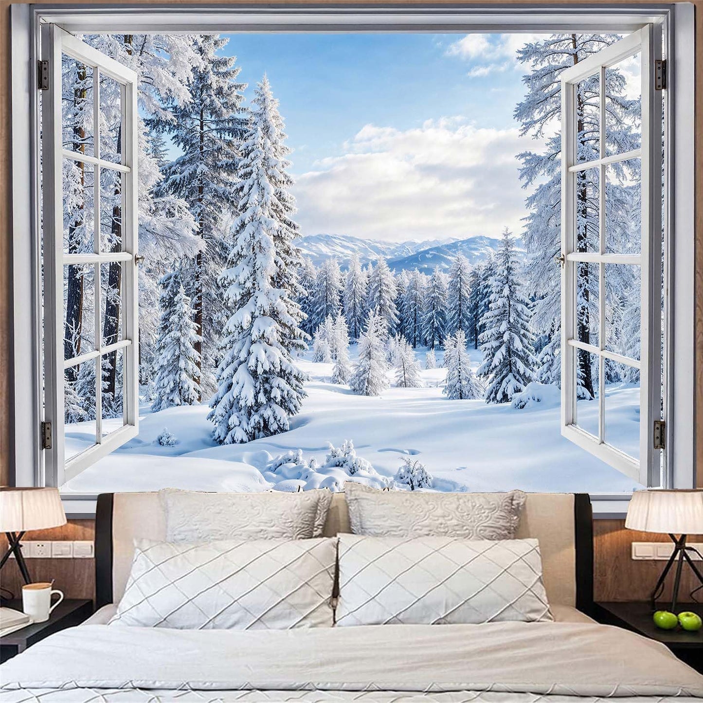 Lifeella Winter Snow Window Tapestry, Forest Outdoor Landscape Christmas Wall Backdrop, Snowy Mountain Mural for Living Room Bedroom Decor, White 36x48 inches