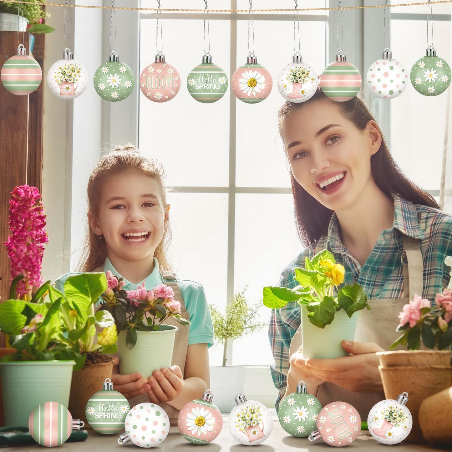 Silipull 24 Pcs Spring Ornament Bulk Daisy Flower Tree Decorations Pink Green Striped Polka Dot Balls Easter Spring Decorations for Home Small Tree Party Holiday Decor