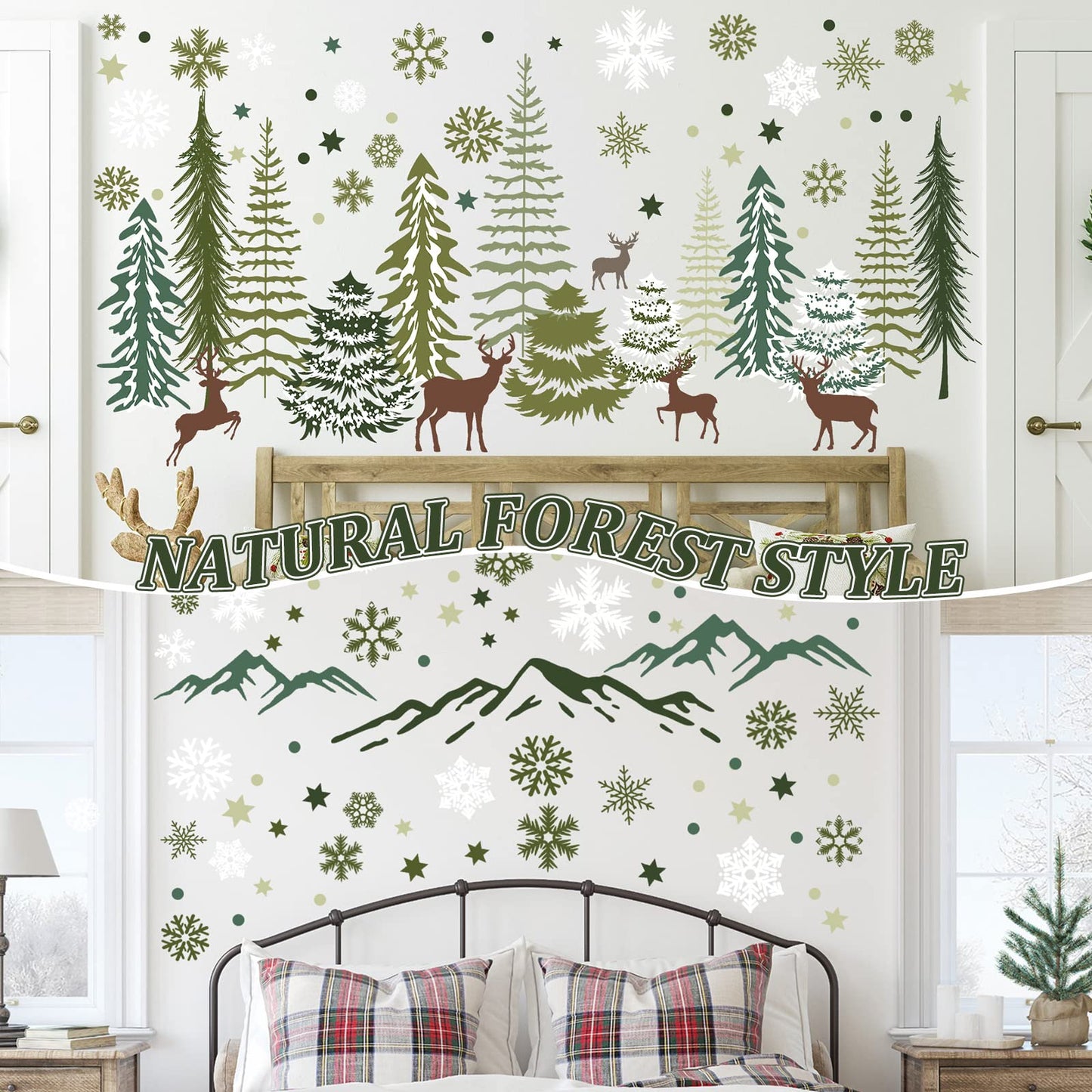 Teling 8 Pieces Winter Snowflake Wall Decals Stickers Dreamy Nursery Forest Woodland Trees Deer Pine Tree Wall Decals for Kids Room Winter Decor(Green, Brown)