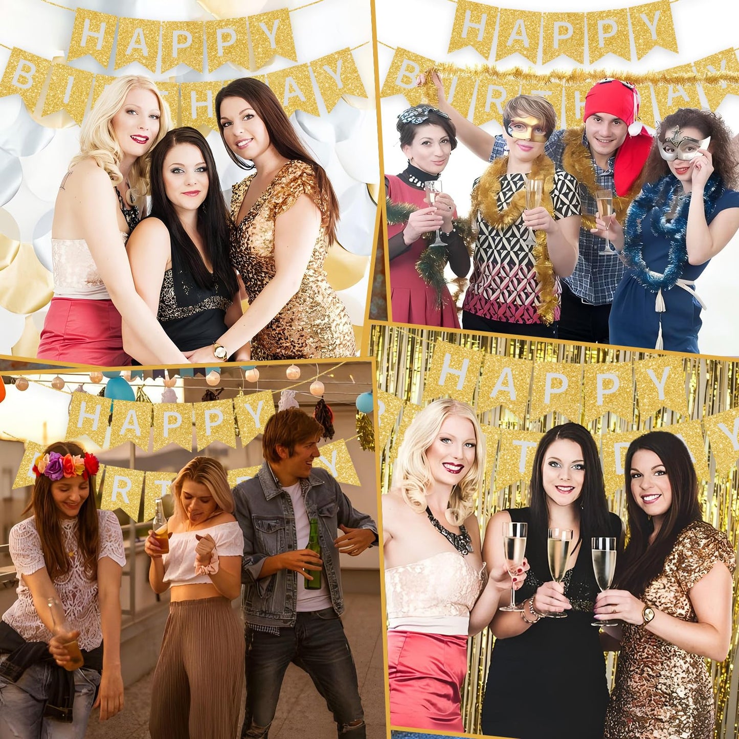 Gold Happy Birthday Banner - 16 ft Pre-Strung Gold Birthday Party Decorations Sign for Girls, Boys, Kids, Women - No DIY Hanging Backdrop for Indoor & Outdoor Celebrations