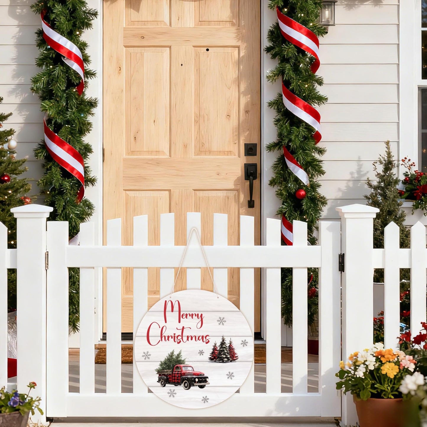 Merry Christmas Wood Hanging Sign, Christmas Welcome Decor for House Front Door