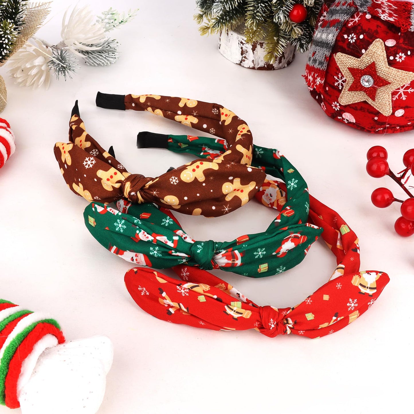 AMCAMI 3Pcs Christmas Headbands for Women, Santa Gingerbread Snowflake Knot Bow Hairbands, Brown Green Red Bow Headband for Christmas New Year