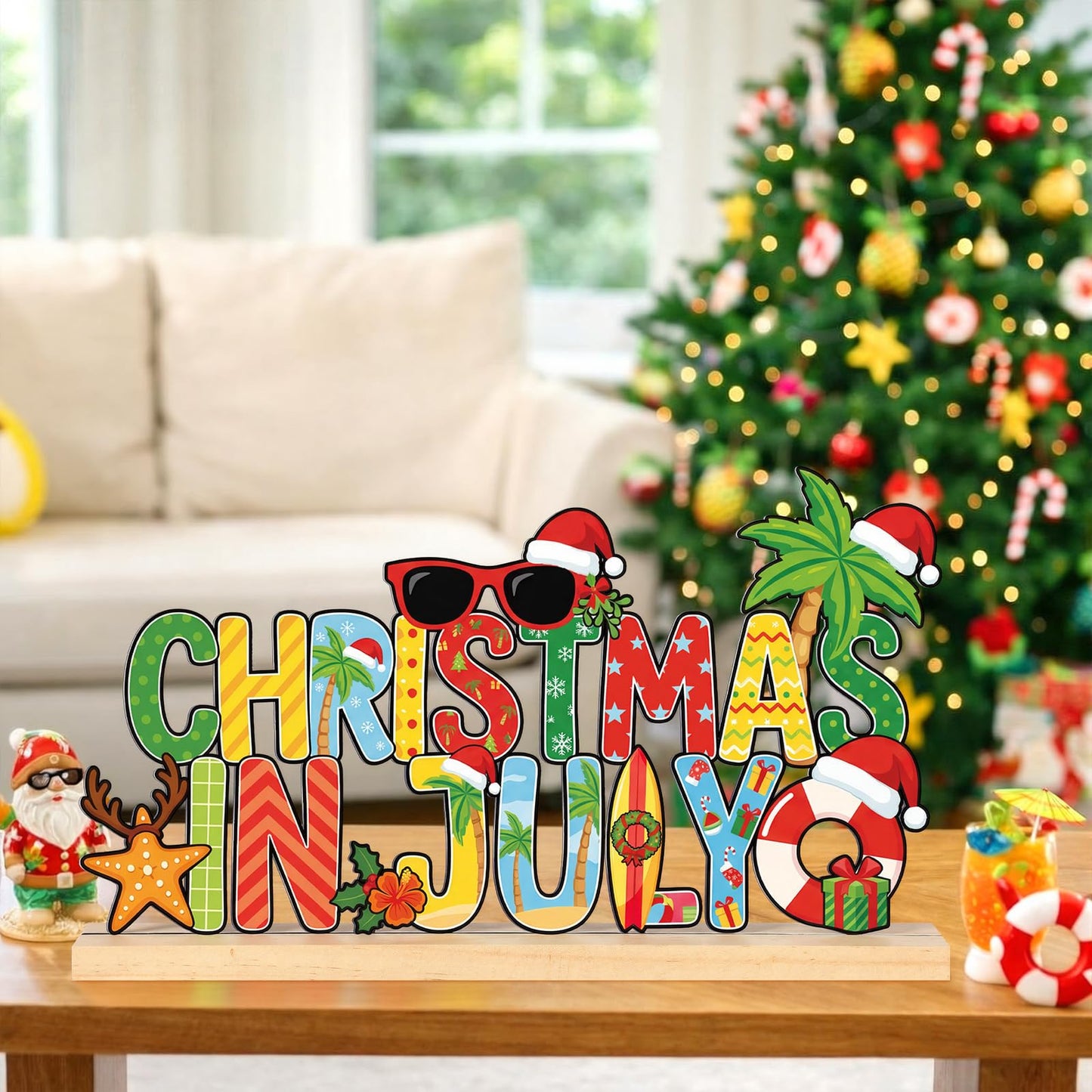 Roowest Metal Christmas in July Sign Tabletop Decor Summer Christmas Table Centerpiece Tropical Tiered Tray Decoration with Wooden Base for Home Office Desk Shelf Mantel Beach Party Gift