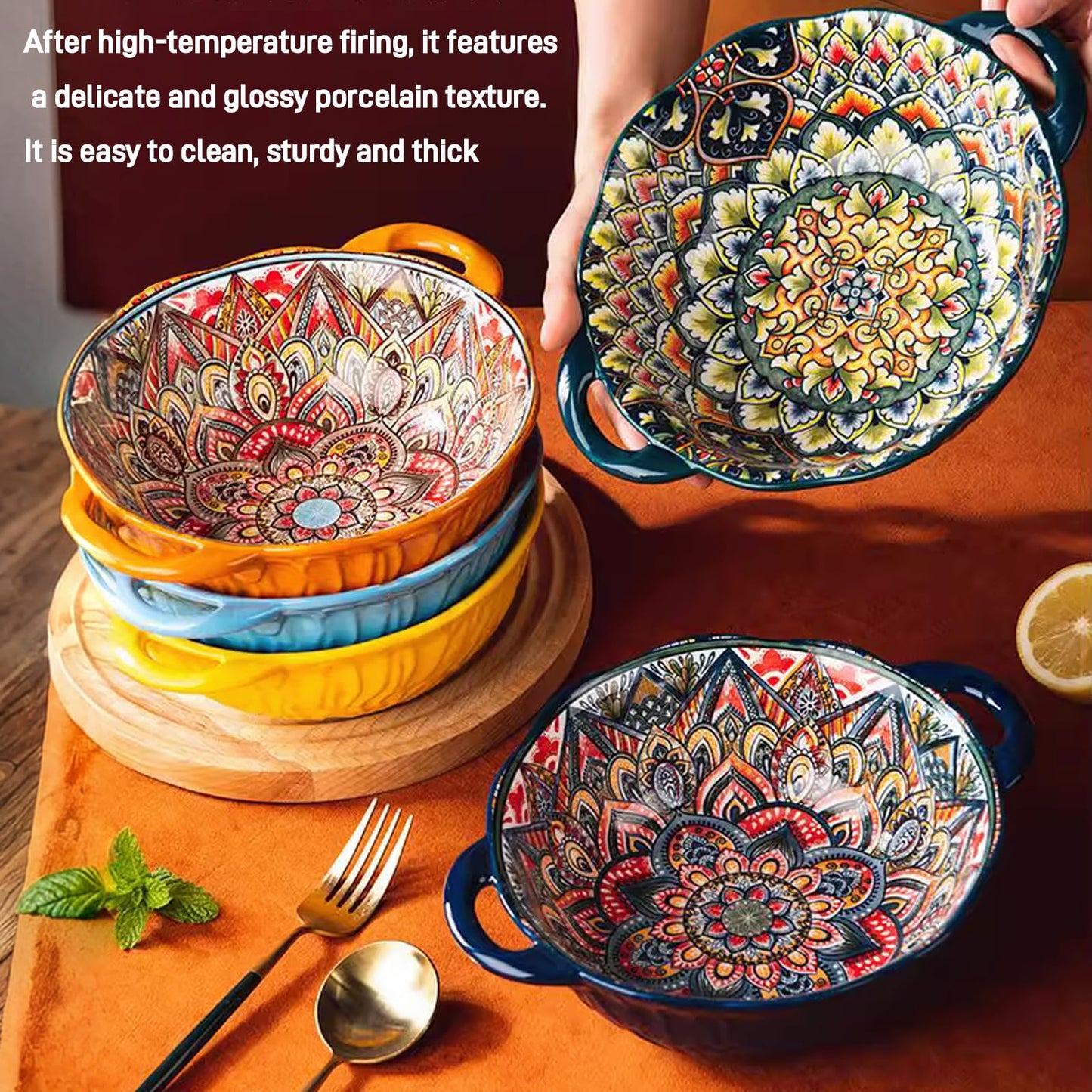 Ronanemon Bohemia Large Bowls with Handle, 40 oz Ceramic Soup Bowl for Salad, Pasta, Cereal,Fruit, Udon, Microwave & Dishwasher Safe (Red)