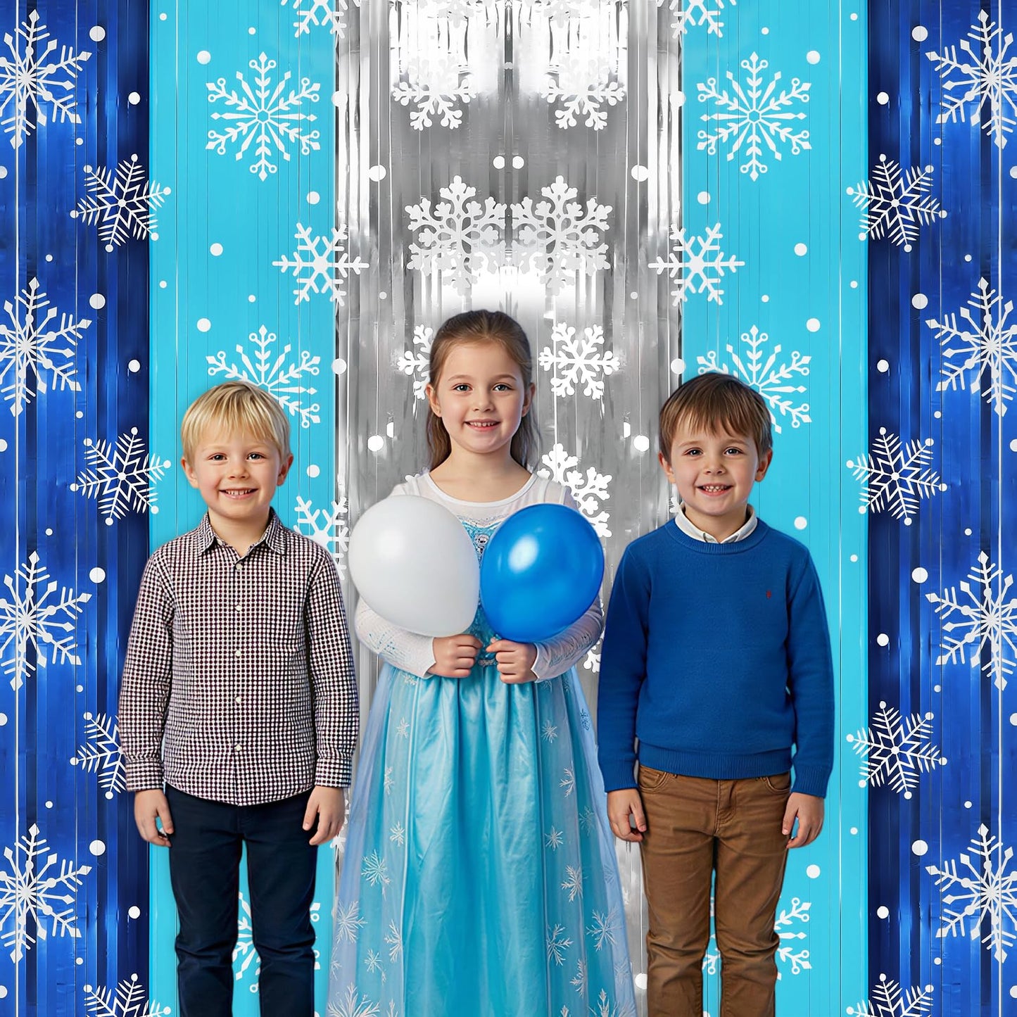 HOWAF 2 Pack Snowflake Foil Fringe Curtain, Winter Frozen Decoration, Blue Silver Winter Christmas Tinsel Foil Fringe Photo Booth Backdrop, Wonderland Tinsel for Birthday Party 3.2 * 6.5ft