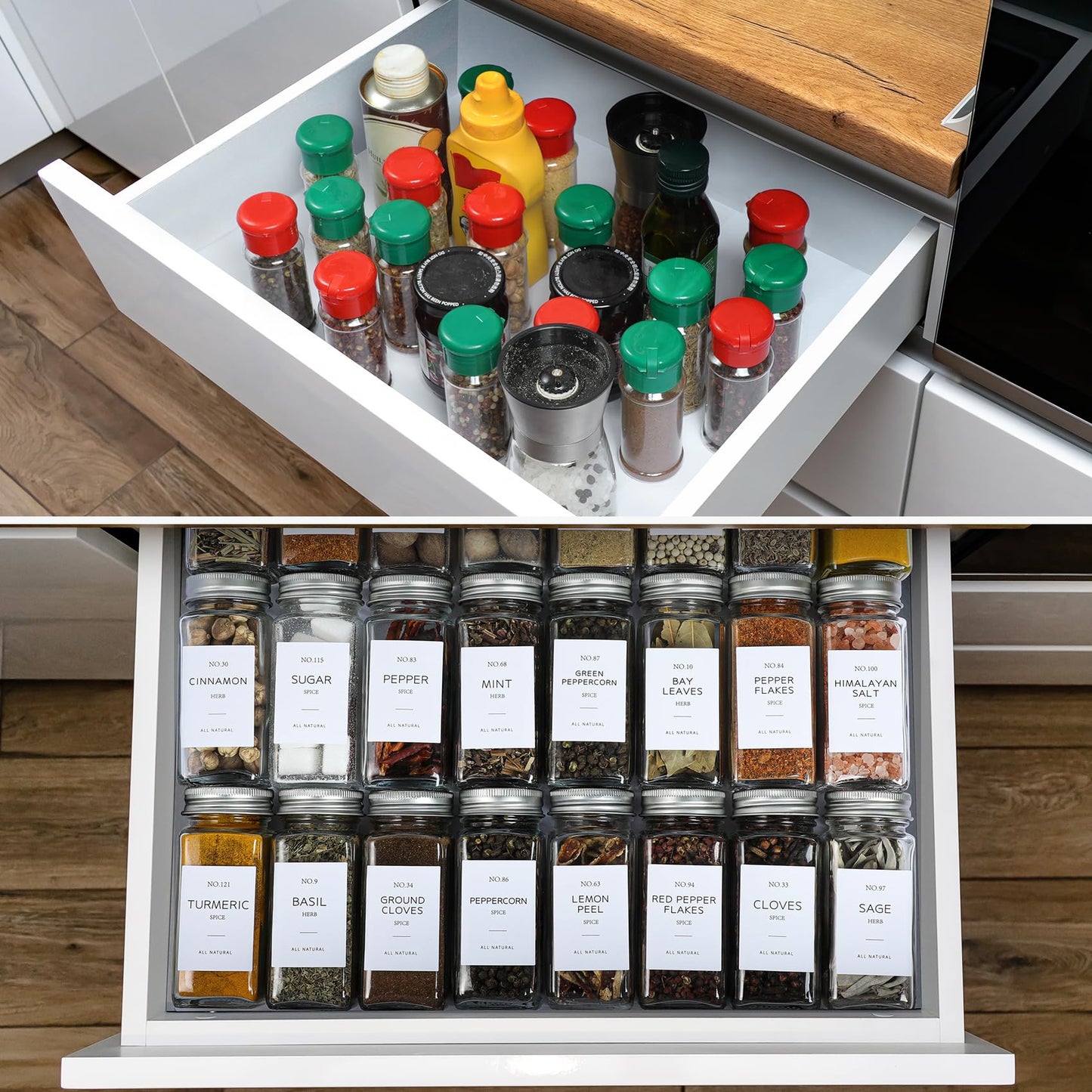 NETANY 24 Pcs Glass Spice Jars with Bamboo Lids, 4 oz Glass Jars with Minimalist Farmhouse Spice Labels Stickers, Collapsible Funnel, Seasoning Storage Bottles for Spice Rack, Cabinet, Drawer