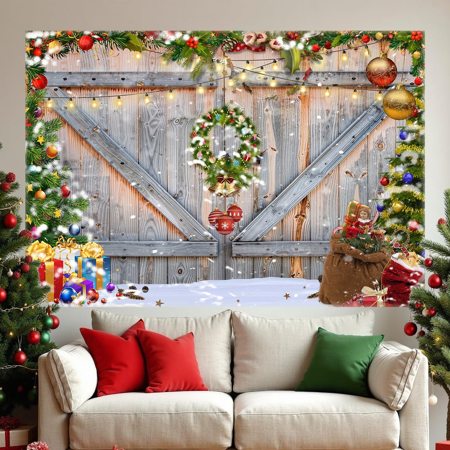 Christmas Photo Backdrop for Photography, Rustic Barn Wood Door Backdrops for Photoshoot, Xmas Tree Snow Red Gift Christmas Party Decorations 7x5ft
