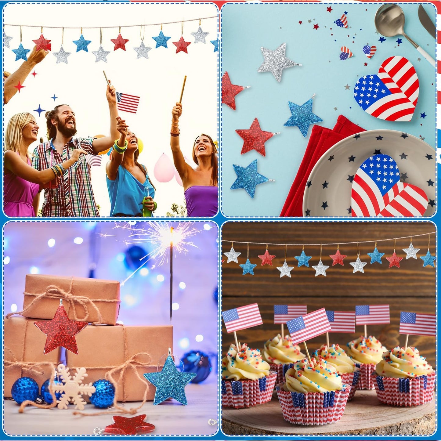 DTOFOOT 36PCS Mini Resin Patriotic Star Ornaments 4th of July Hanging Pendants for Small Tree Glitter Blue Red Star Charms with String for Memorial Day Independence Day 250th Anniversary Party Decor