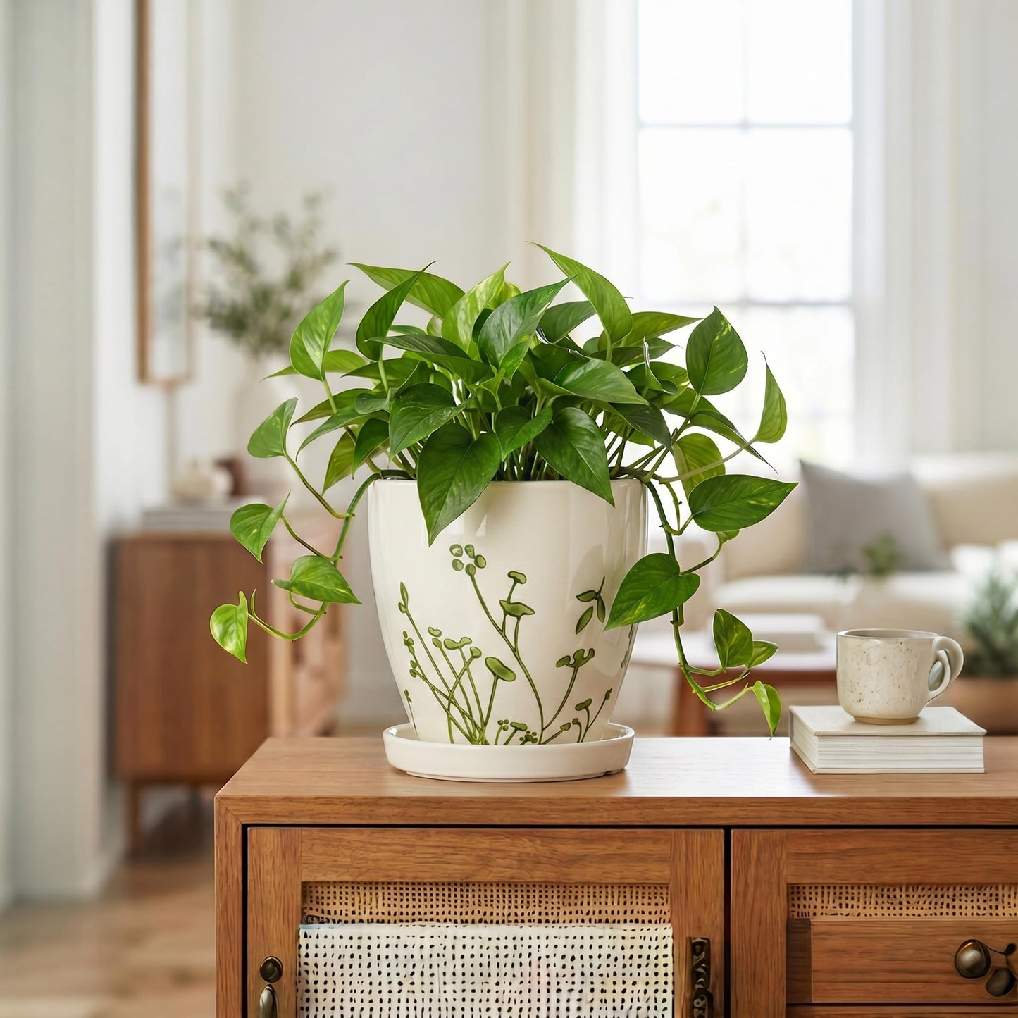 MPotTo 6 Inch Plant Pot - Ceramic Pots for Plants with Drainage Hole and Saucer, Ceramic Succulent Pots for Indoor Outdoor, Decorative Boho Planter, Housewarming Gifts, Garden Room Home Decor, White