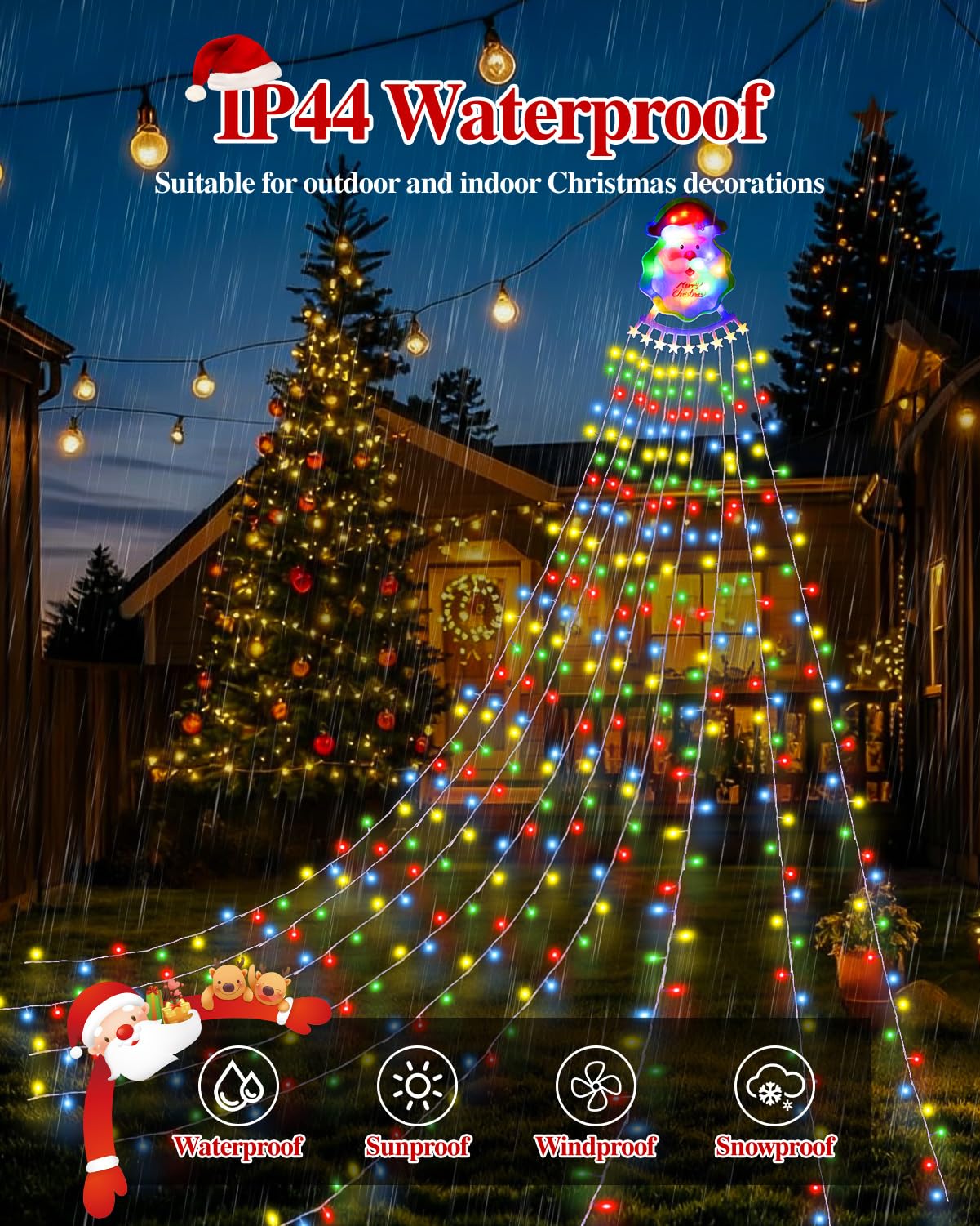 Christmas Waterfall Outdoor String Lights, Christmas Tree Lights with Topper 335 LED 11.48ft 9 Strands, 8 Lighting Modes Holiday New Year Decoration Lights for Wedding Yard Party Home Indoor Decor