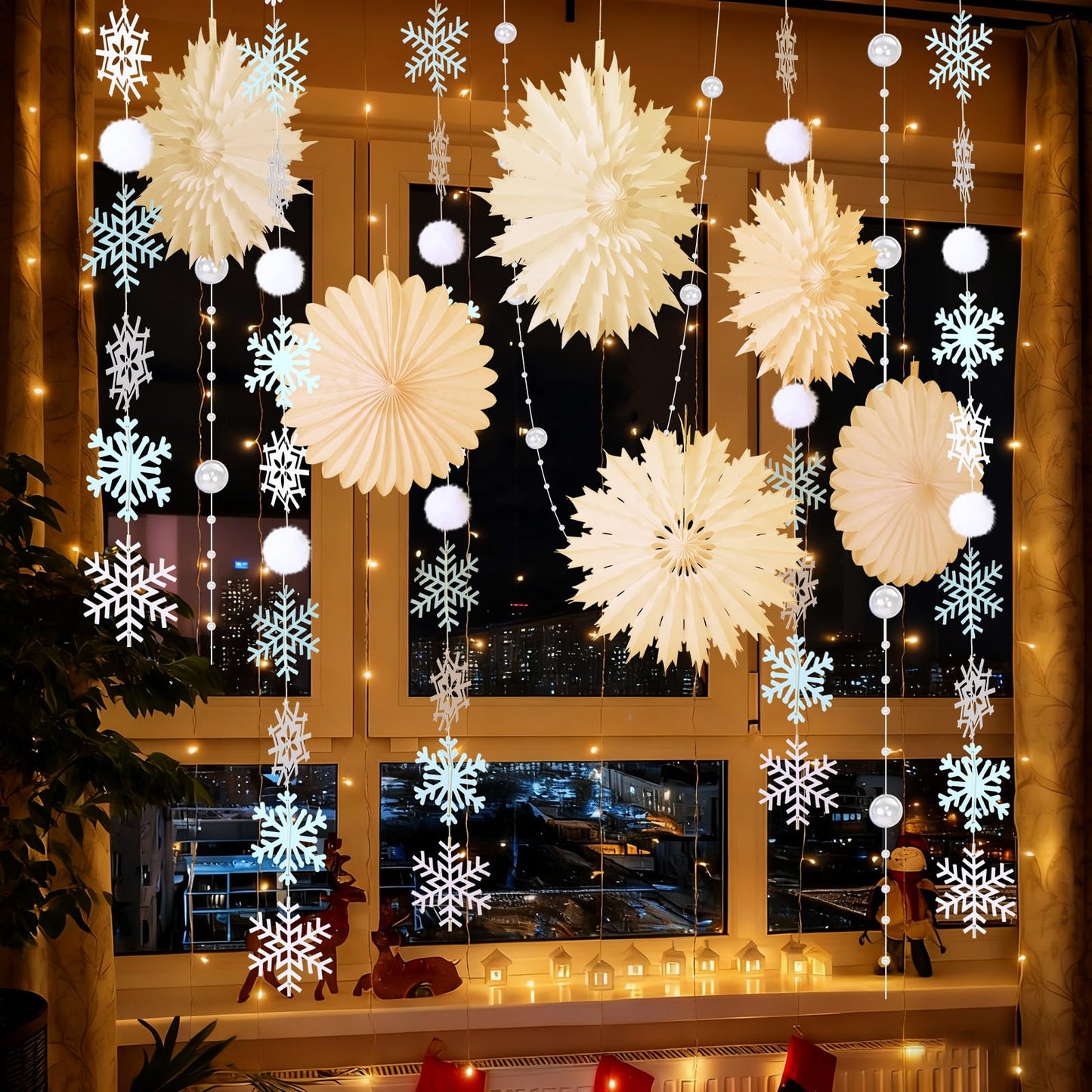 Suncalla 18 Pcs Winter Wonderland Snowflake Decorations Hanging Snowy Scene Landscape Party Ornament with Snow Garland Pearl String 15'' Snowflake Paper Fan for Winter Party Photo Props