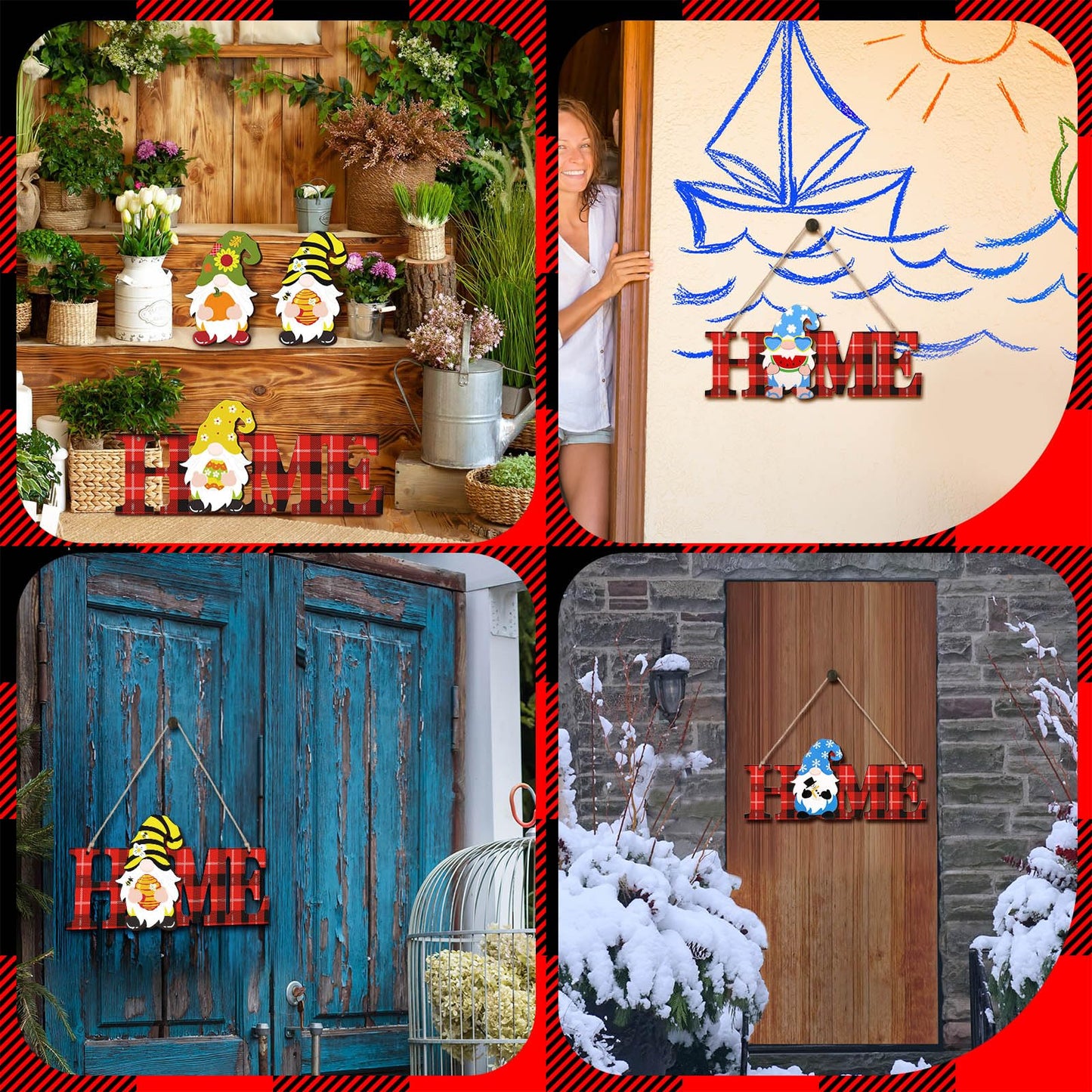 Purpeak 13 Pcs Interchangeable Gnome Home Sign Wooden 3D Christmas Winter Seasonal Door Decor Farmhouse Rustic Home Decoration for Holiday Wall Decor Gift(Red, Black)
