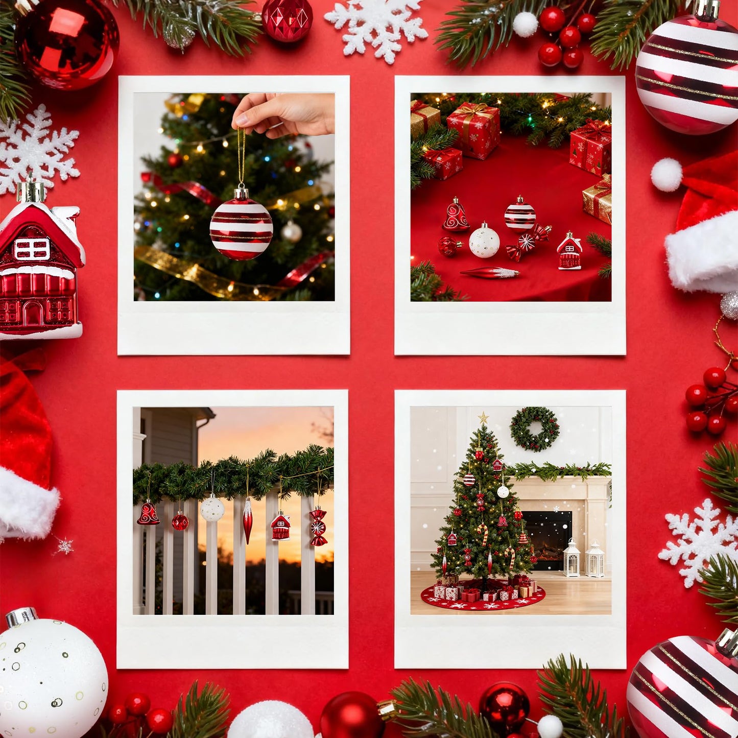 Christmas Ornaments, 16Pcs Red and White Christmas Ornaments Set with Hanging Strings Ideal for Christmas Tree Decorations and Indoor Accents