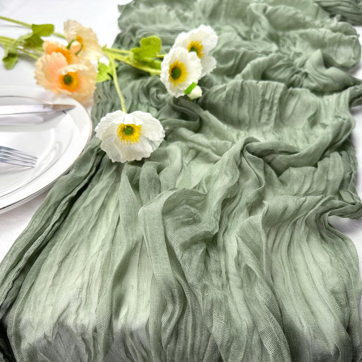 Booque Valley 3 Pack Sage Green Cheesecloth Table Runner 10ft Super Soft Boho Wrinkled Gauze Sheer Cloth for Baby Shower Baptism Birthday Party Wedding Centerpiece Table Decoration, 35x120 Inch