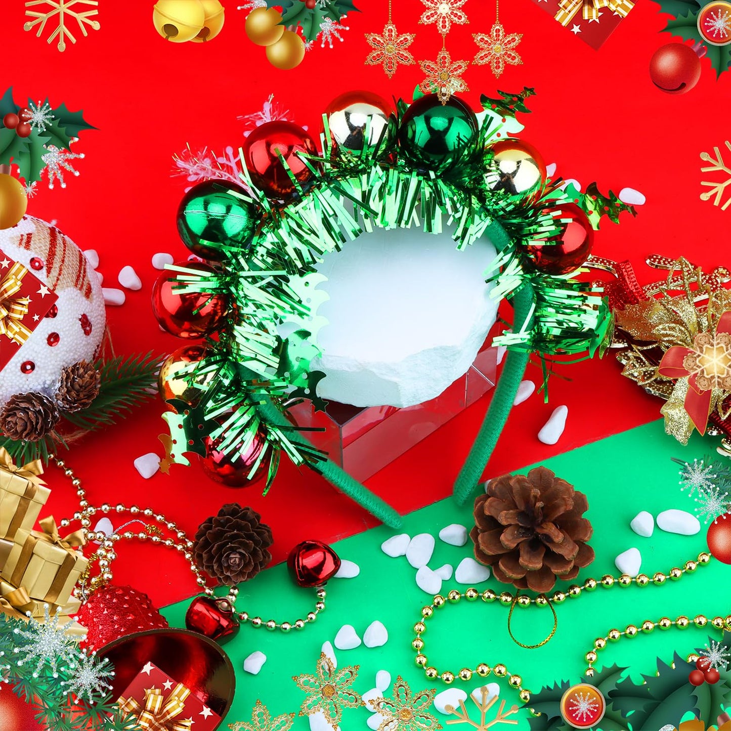 SuPoo Christmas Headbands for Women Christmas Tree Holiday Ball Bell Headbands Xmas Retro Disco Outfit Costume Accessories Iridescent Tinsel Green Hairband Metallic Hair Hoop for Party New Years