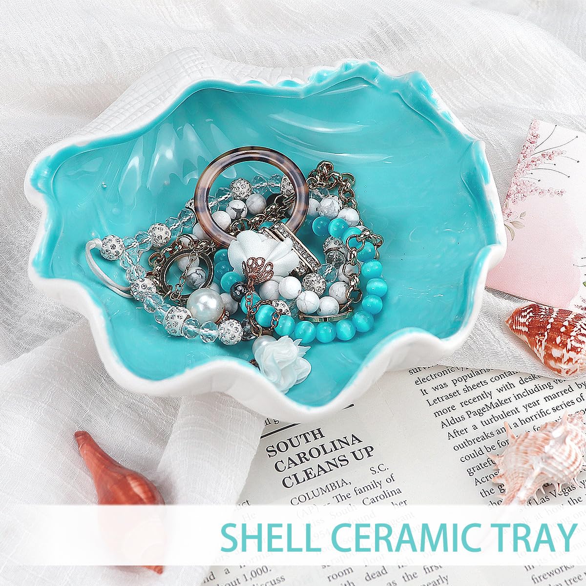LCJAOF Stylish Ceramic Shell Jewelry Dish Tray - Elegant Seashell Design for Organizing Jewelry and Serving Candy - Versatile Decor Bowl for Home Use