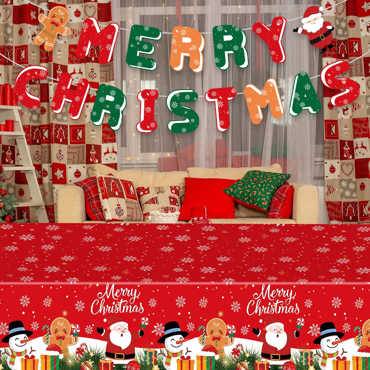 Merry Christmas Decorations Banners - Paper Christmas Banner, Santa Claus Reindeer Sign Garland Backdrop for Winter Xmas Indoor Outdoor Home Office Fireplace Wall Party Decor Supplies Favors Props