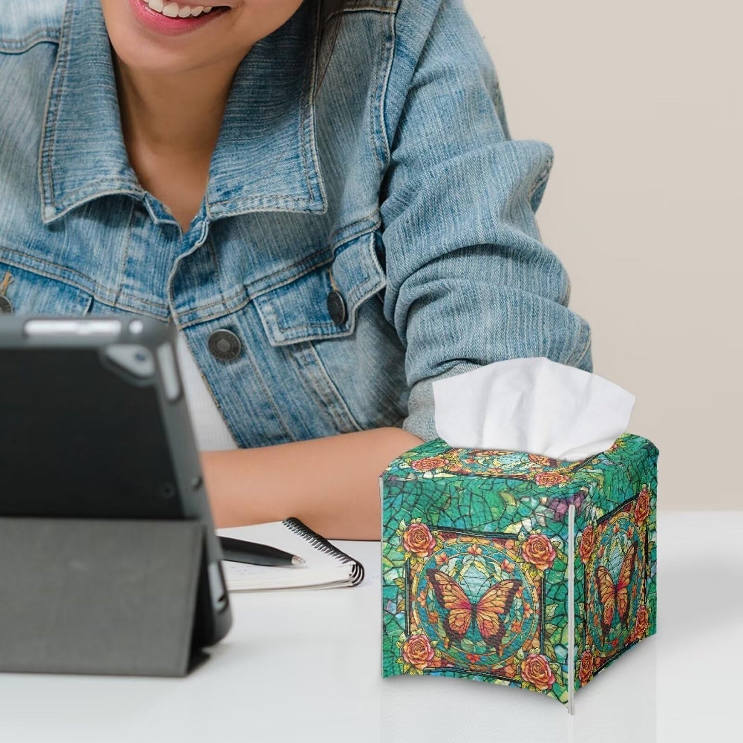 Lotusorchid Butterfly Rose Print Tissue Case Cover Square, Waterproof Tissue Box Cover for Home Office, Foldable Kleenex Tissues Cube Boxes with Bottom Belt, Decorative Facial Tissue Cover, Green